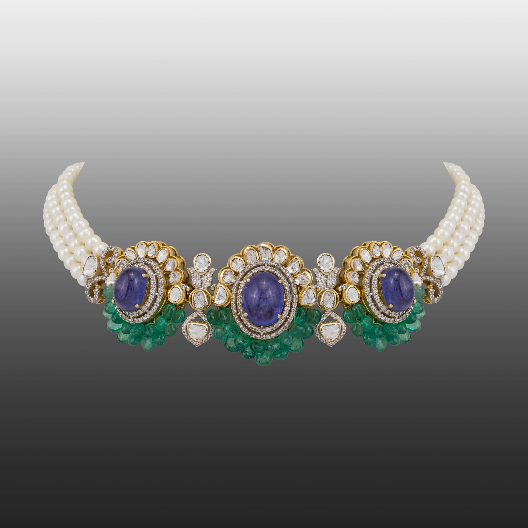 Tanzanite and Emerald Choker with Pearl Strands