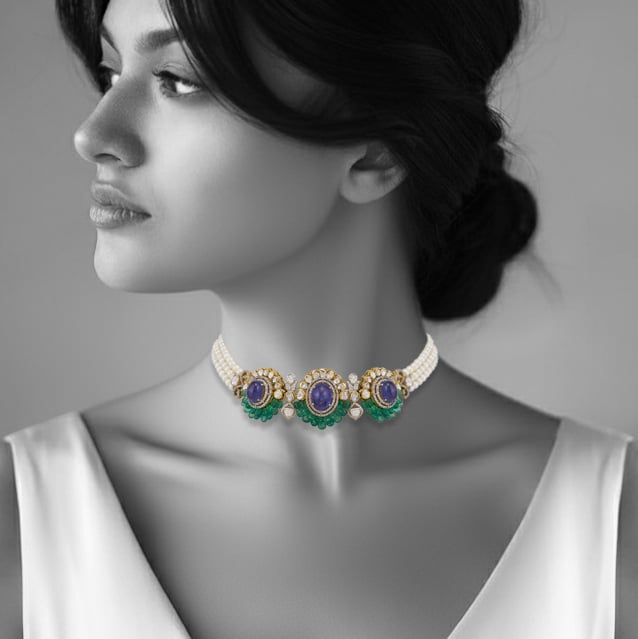 Tanzanite and Emerald Choker with Pearl Strands