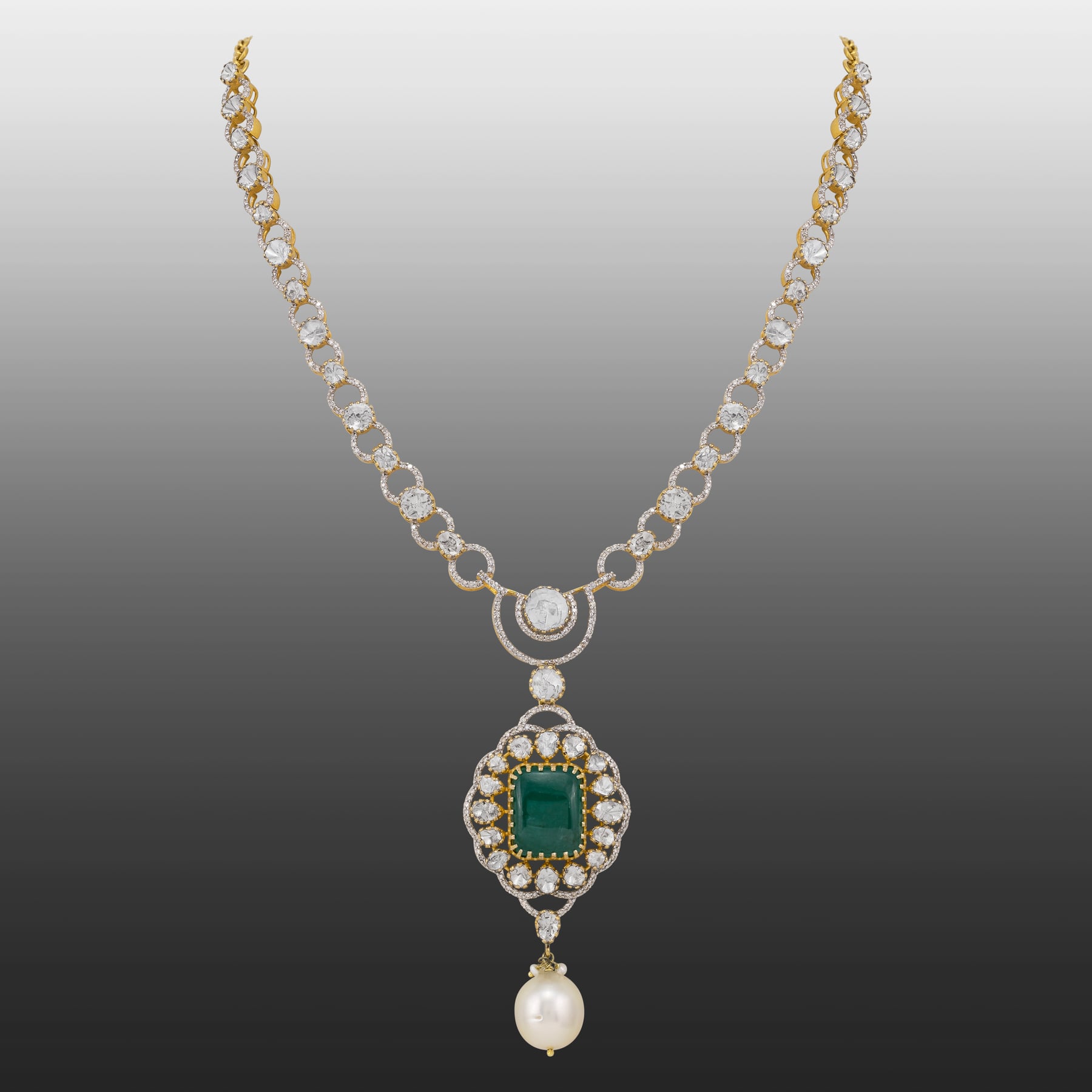 Claw-Set Emerald Pendant with Polki Diamond and Pearl Drops