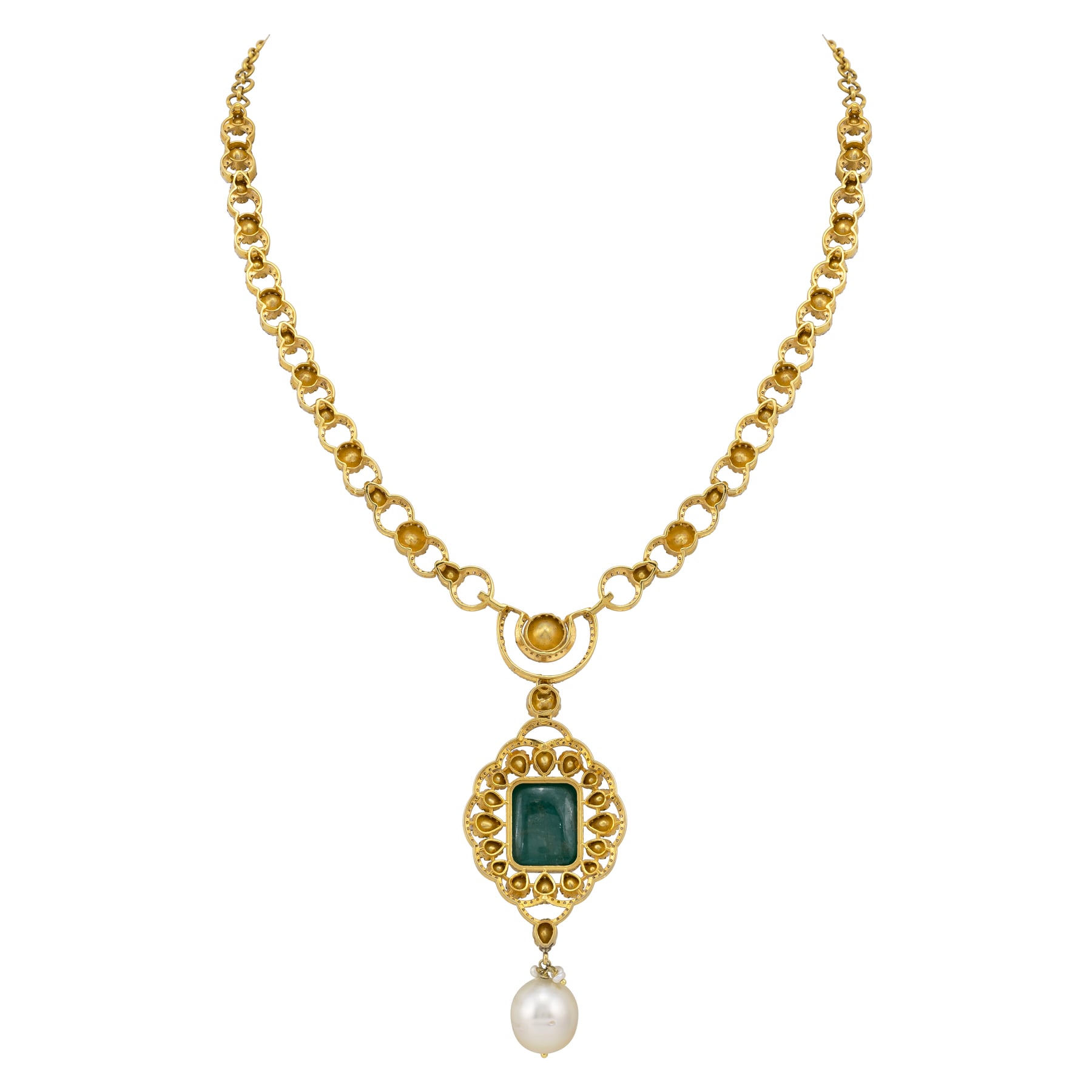 Claw-Set Emerald Pendant with Polki Diamond and Pearl Drops