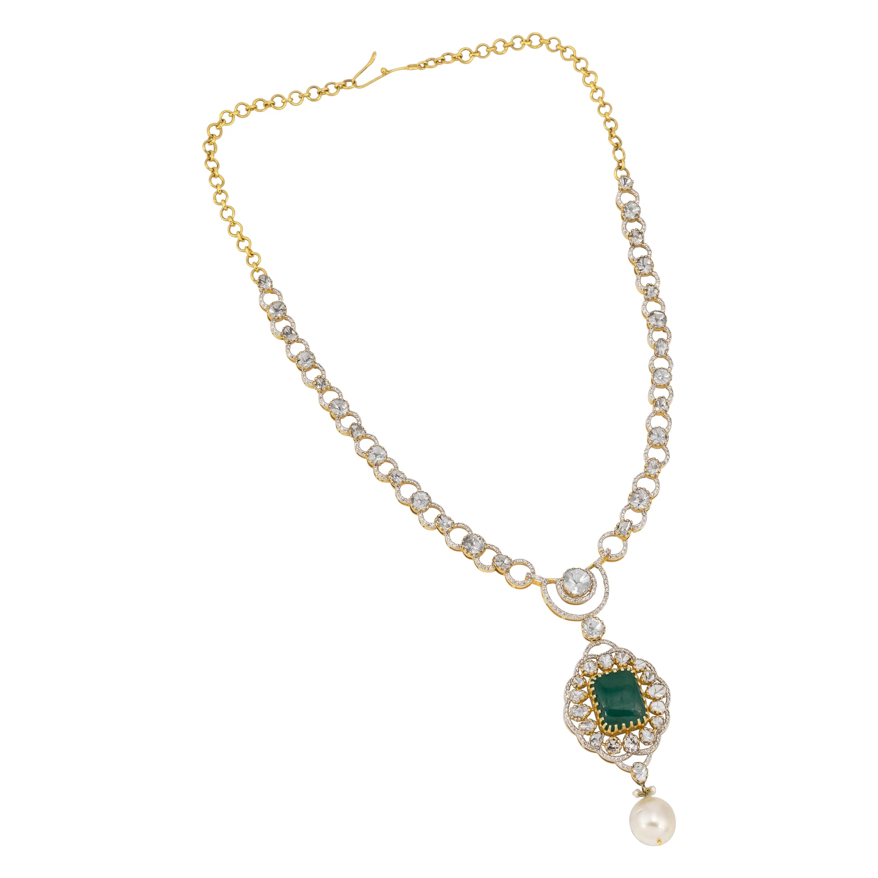 Claw-Set Emerald Pendant with Polki Diamond and Pearl Drops