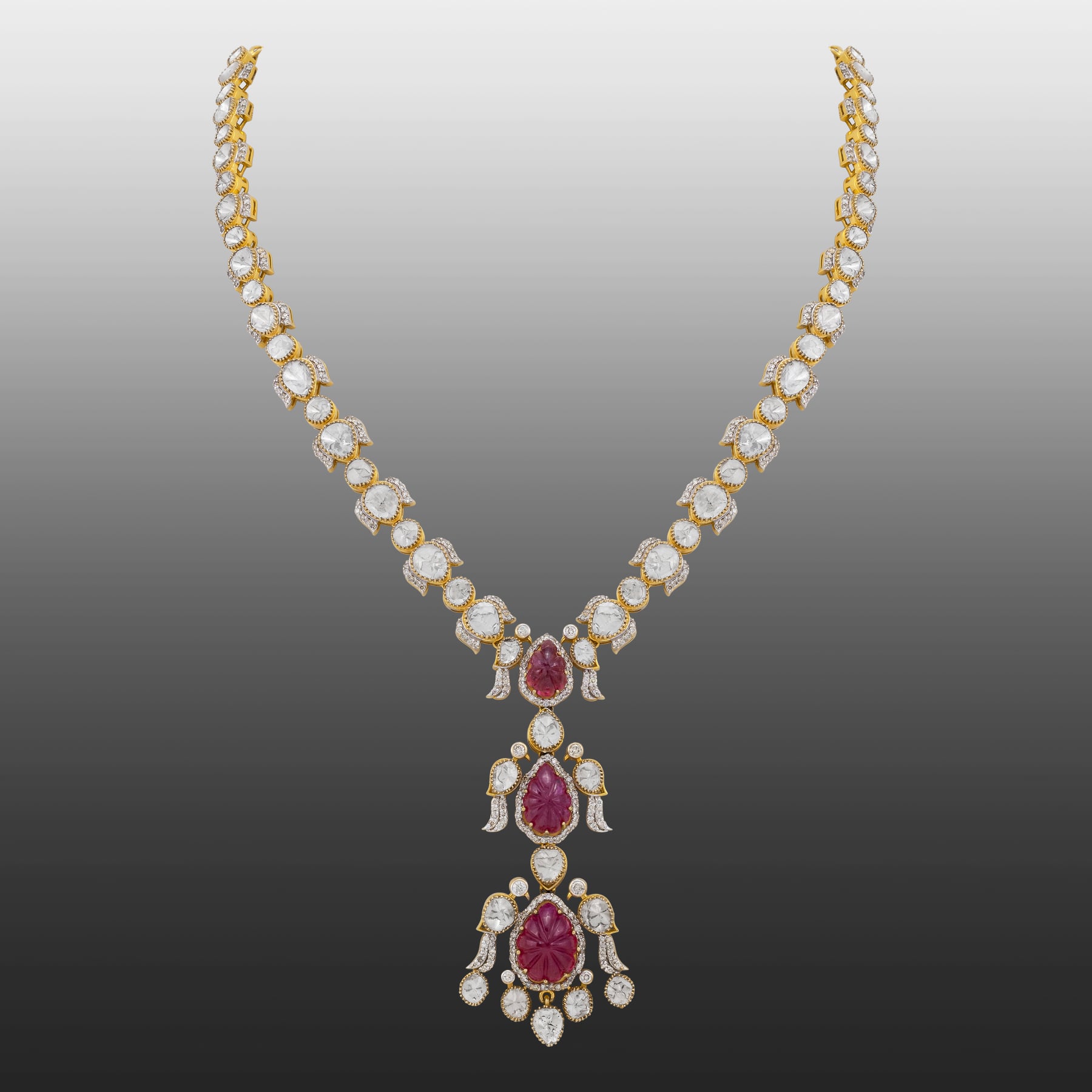 Carved Ruby Pendant Necklace with Polki Diamonds