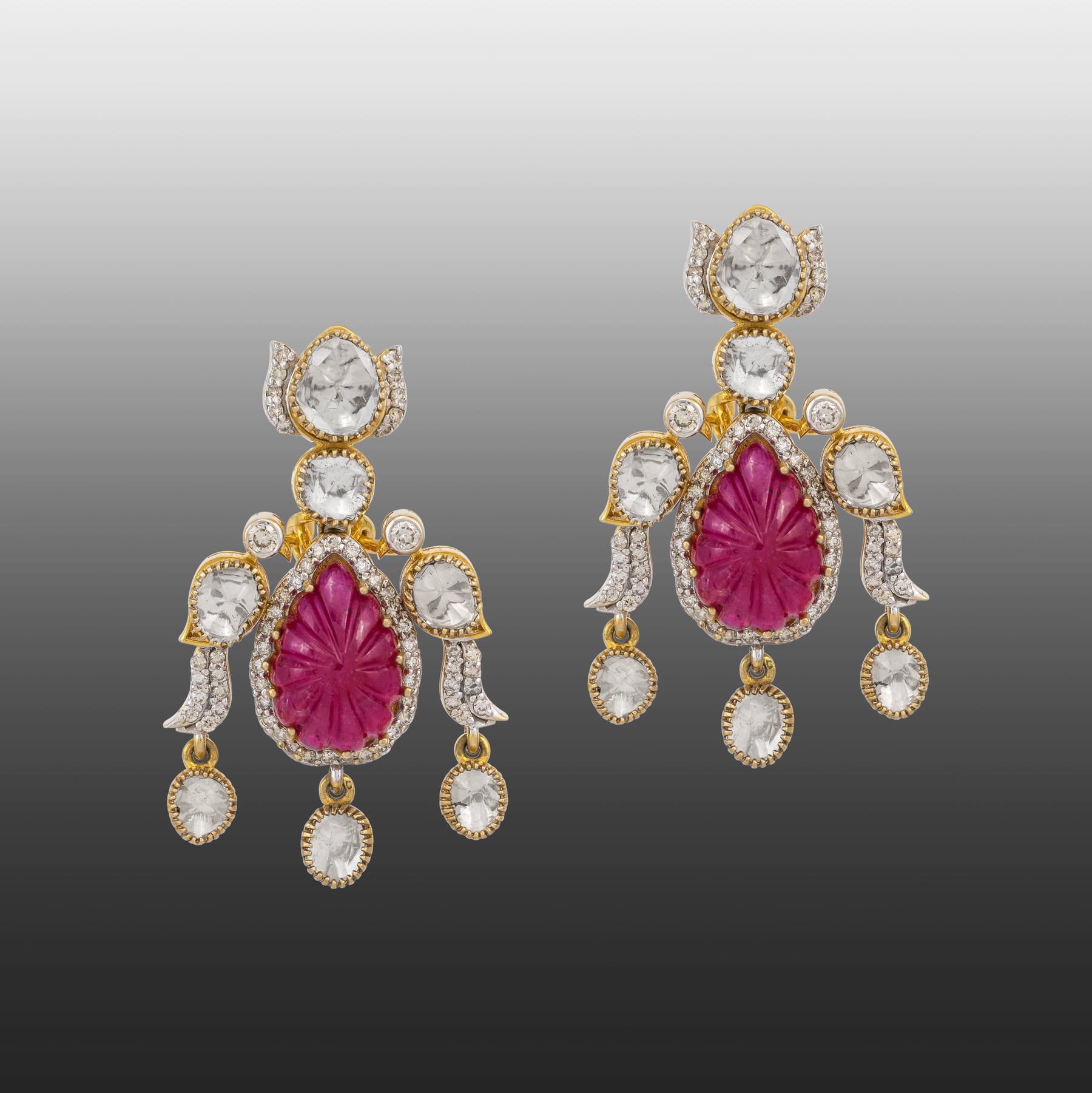Carved Ruby and Polki Drop Earrings with Bird Motif