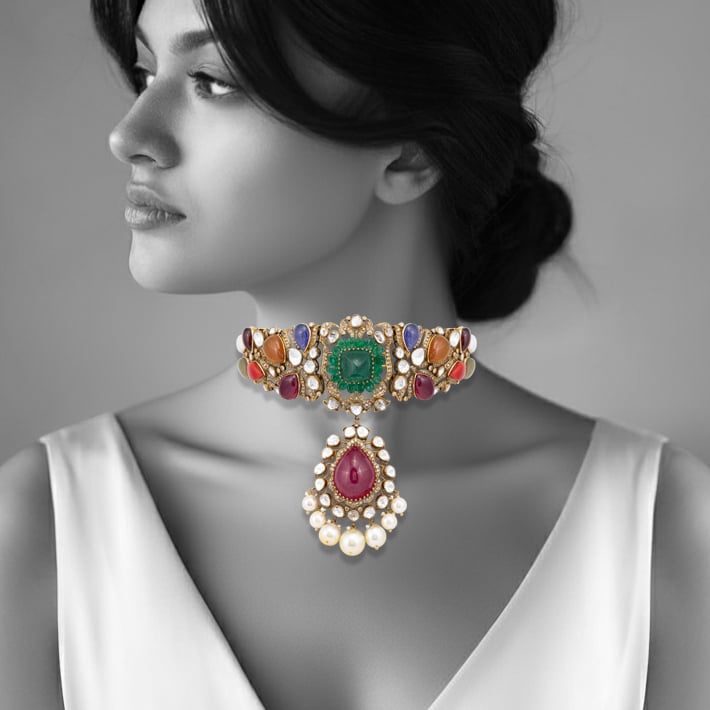 Antique Navratan Choker with Uncut Polkis and Cabochons