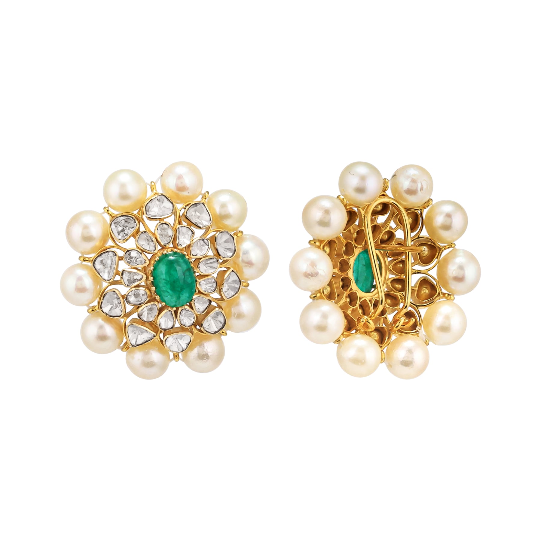 Emerald-Centred Polki Studs with Pearl Border