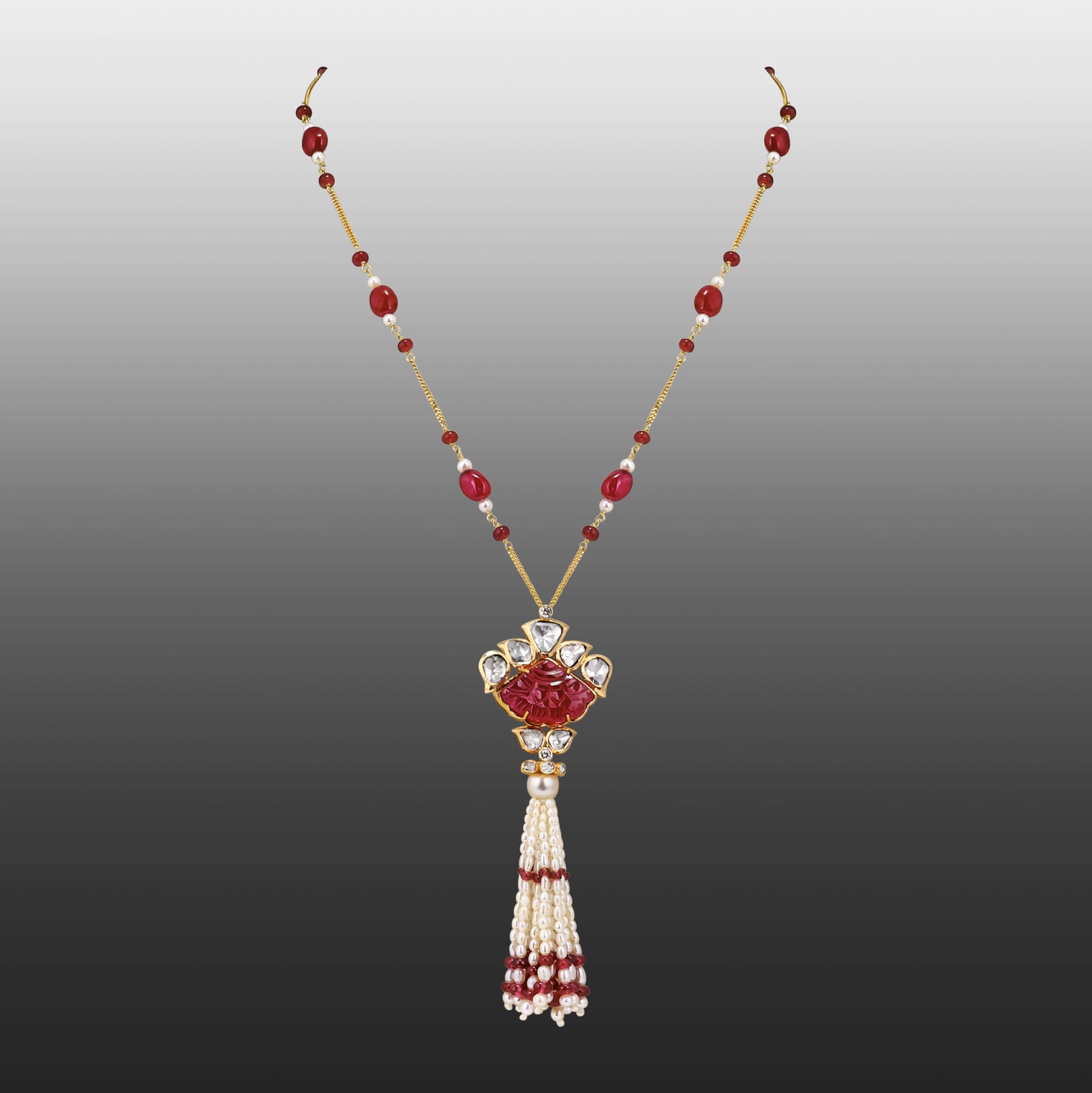 Carved Ruby Pendant Necklace with Pearl Tassel
