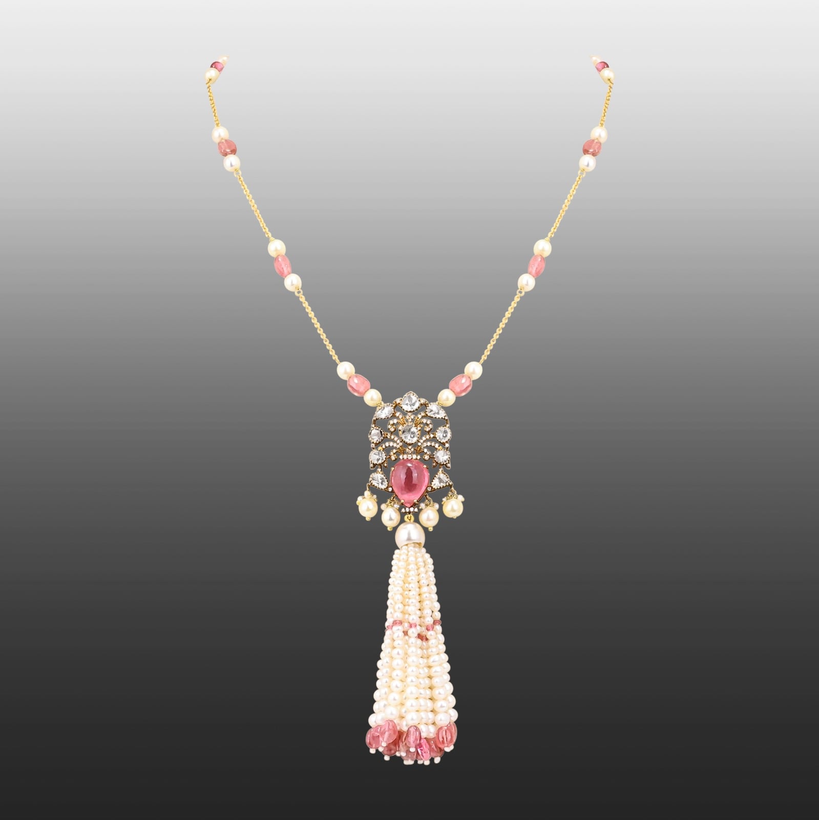 Tourmaline Pendant Necklace with Pearl Tassel and Polkis