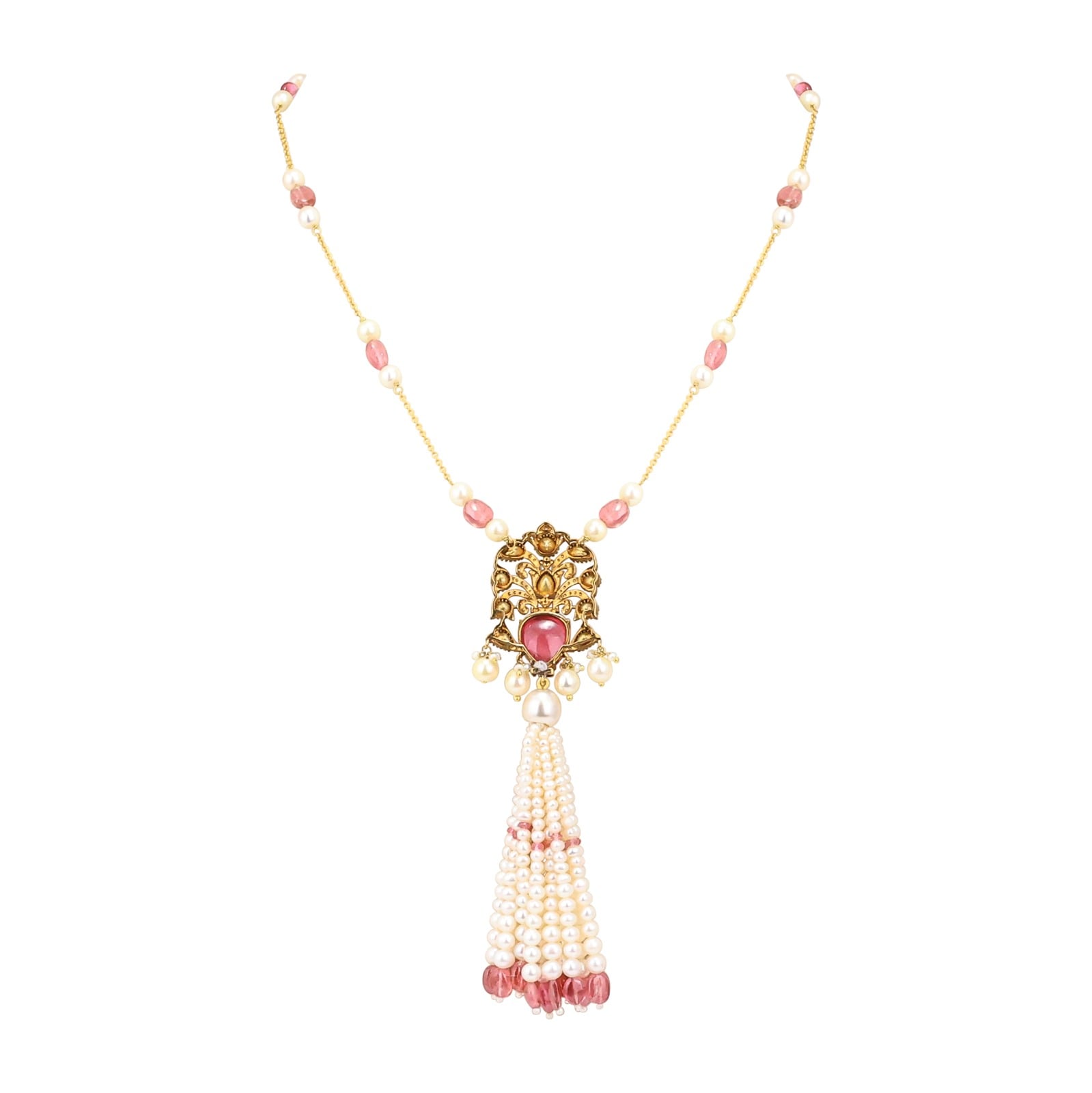 Tourmaline Pendant Necklace with Pearl Tassel and Polkis