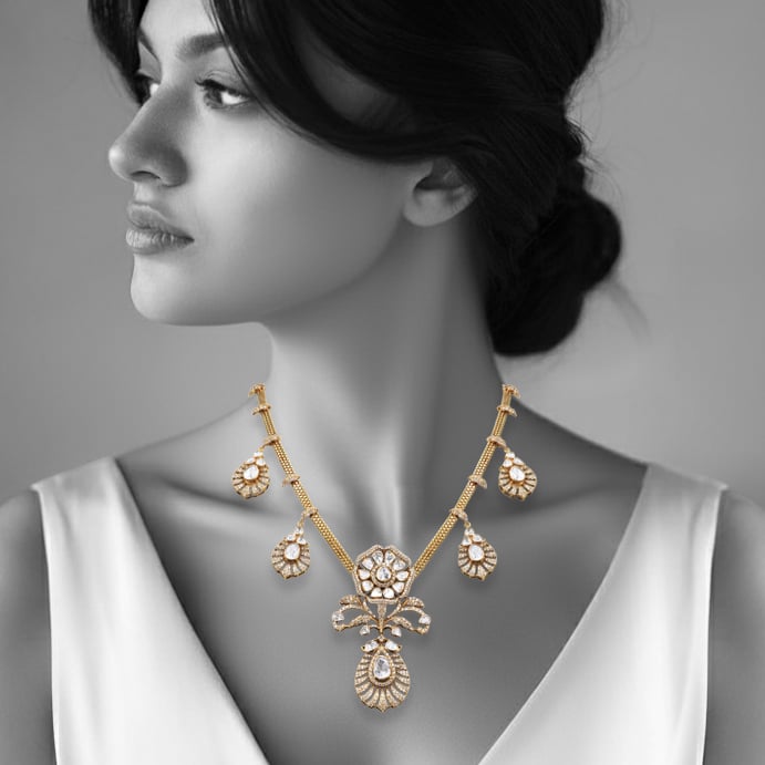 Antique Style Polki and Diamond Pendant Necklace
