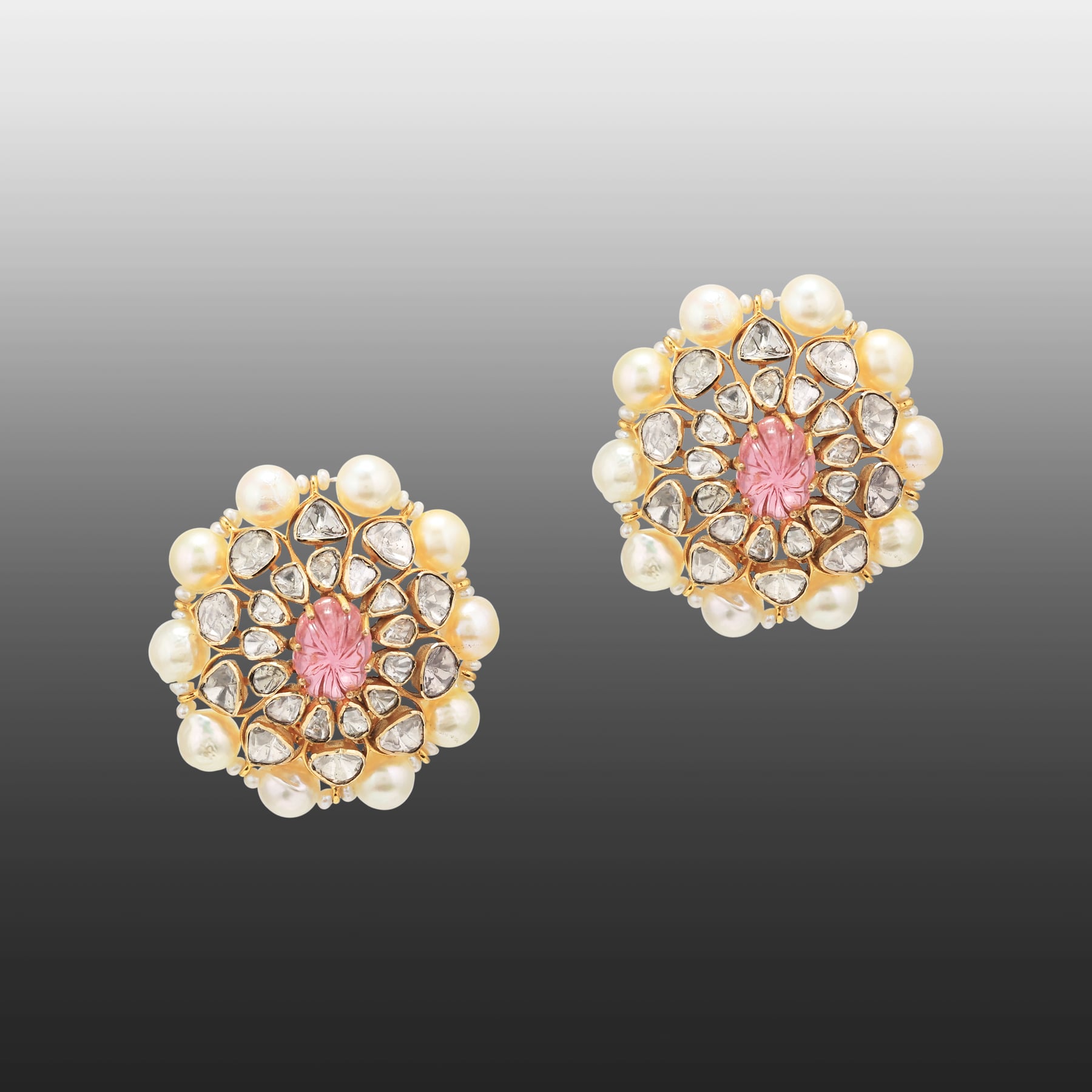 Pink Carved Tourmaline Polki Stud with Natural Pearls