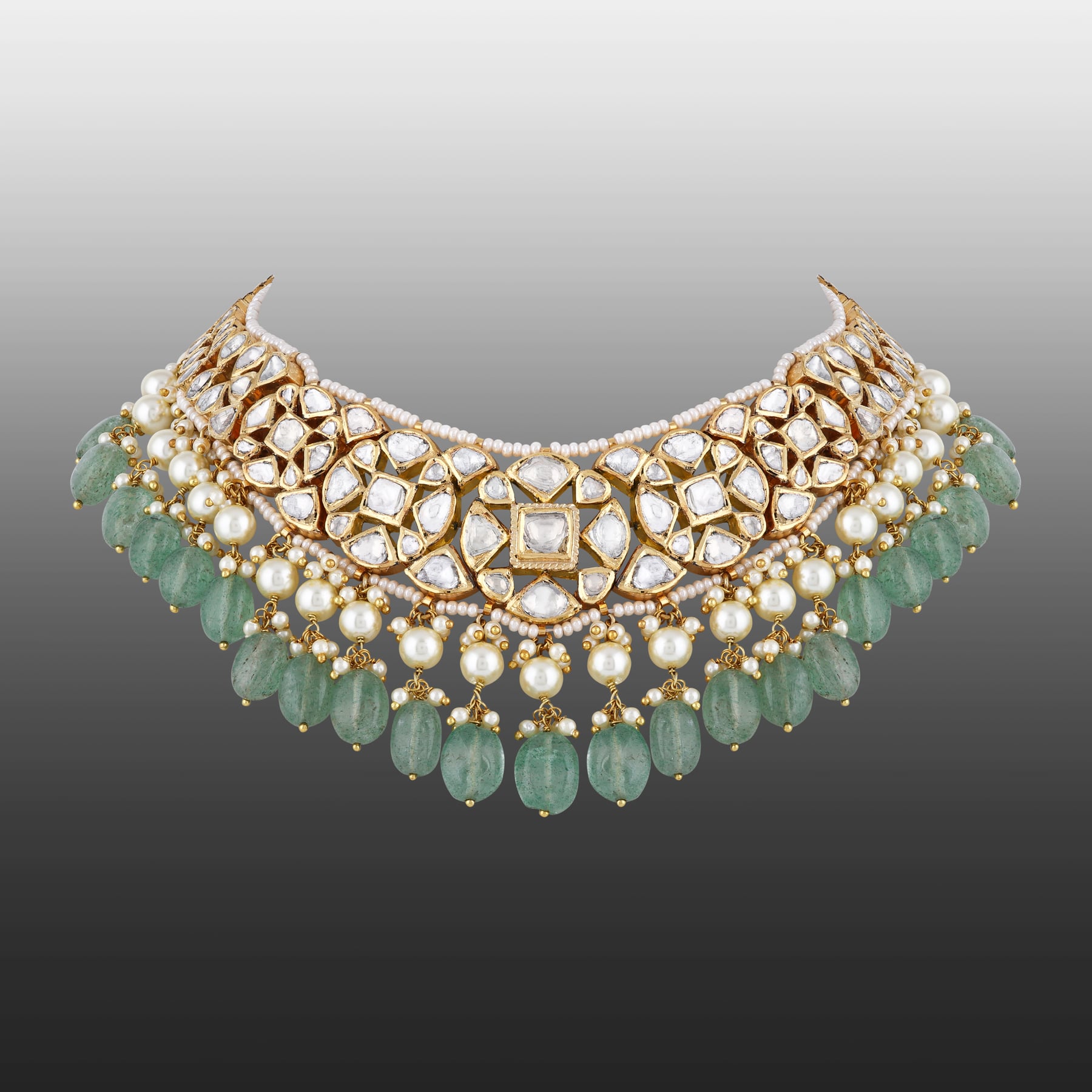 Floral Polki Necklace with Emerald Maniya and Pearls