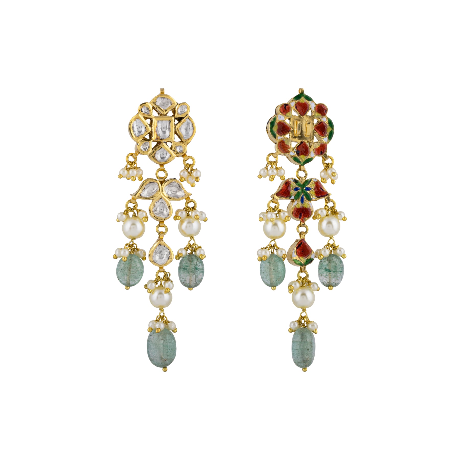 Floral Polki Earrings with Emerald & Pearls