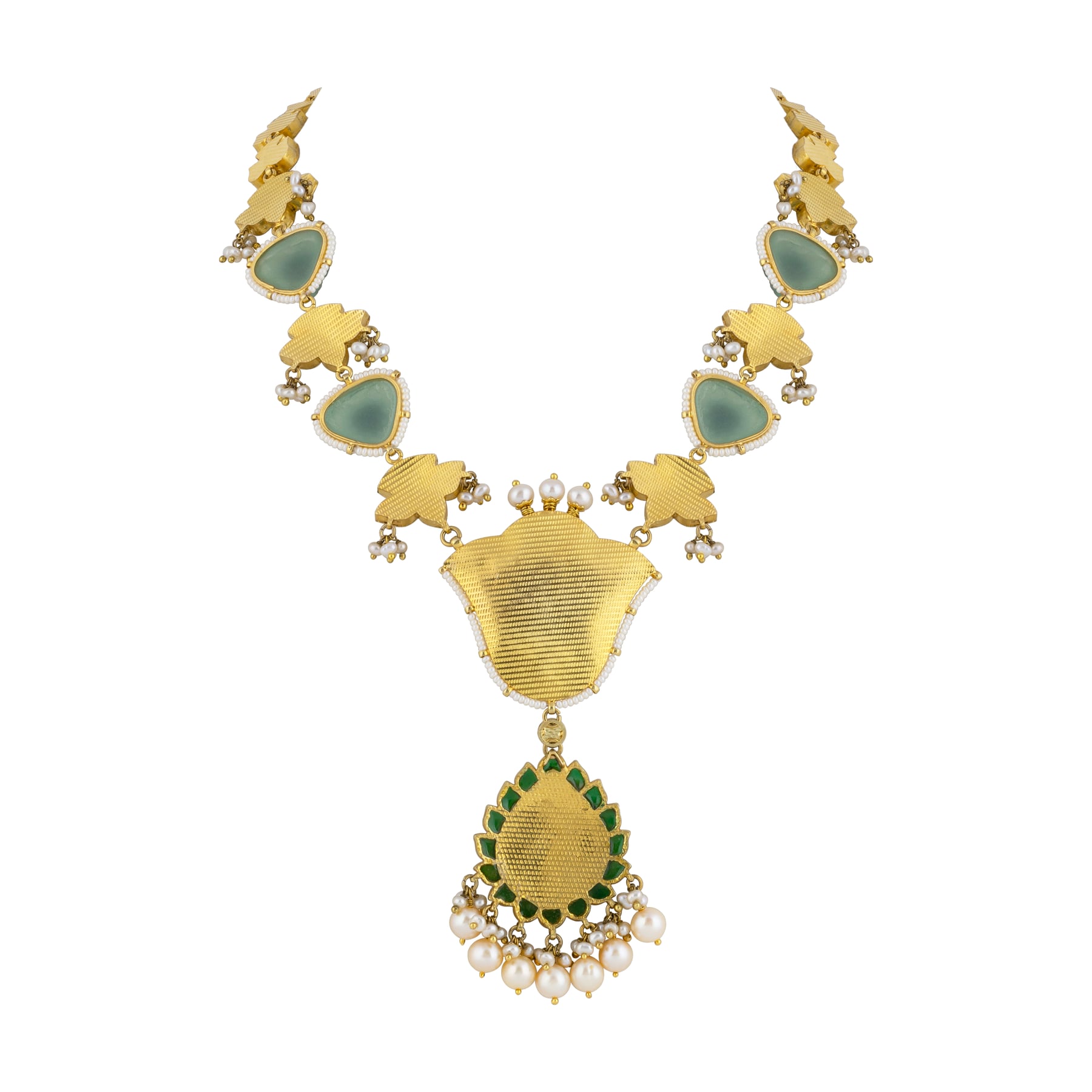 Teardrop Polki Necklace with Green Talaf Stones, Carved Emerald and Pearls
