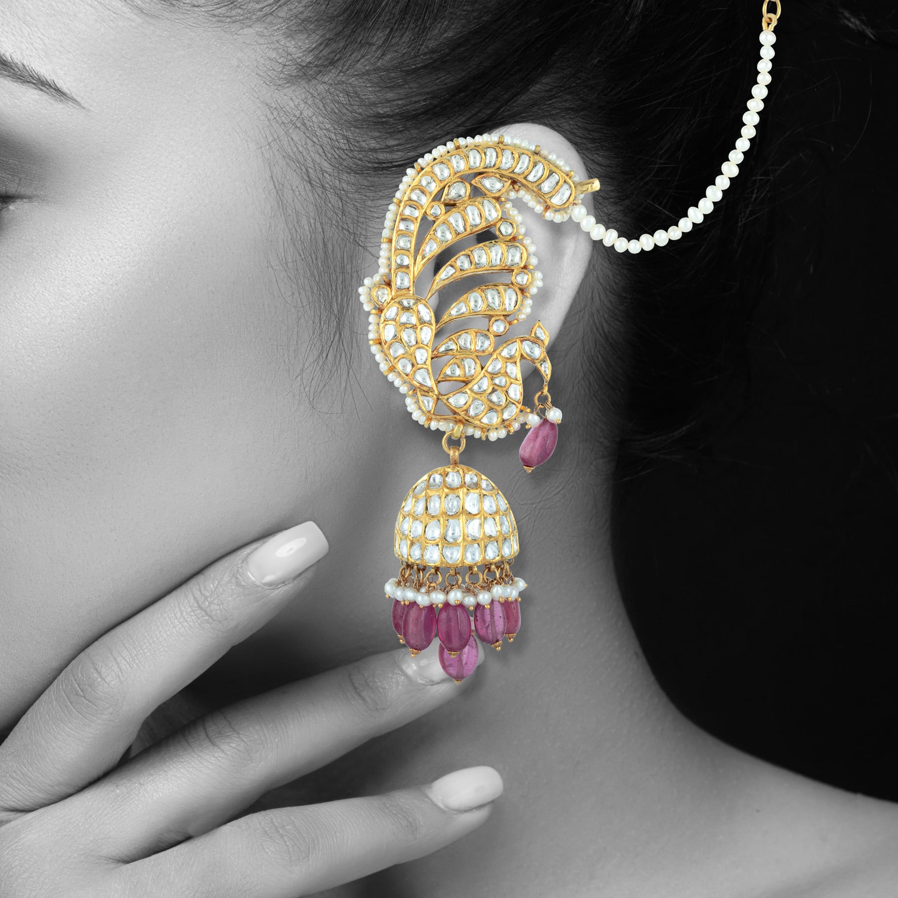 Peacock Polki Cuff Earrings with Pink Bead Jhumki Drops