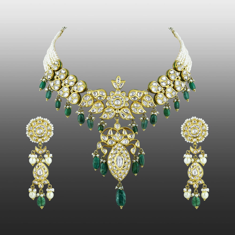 Polki Necklace Set with Emerald Drops and Pearl Strands