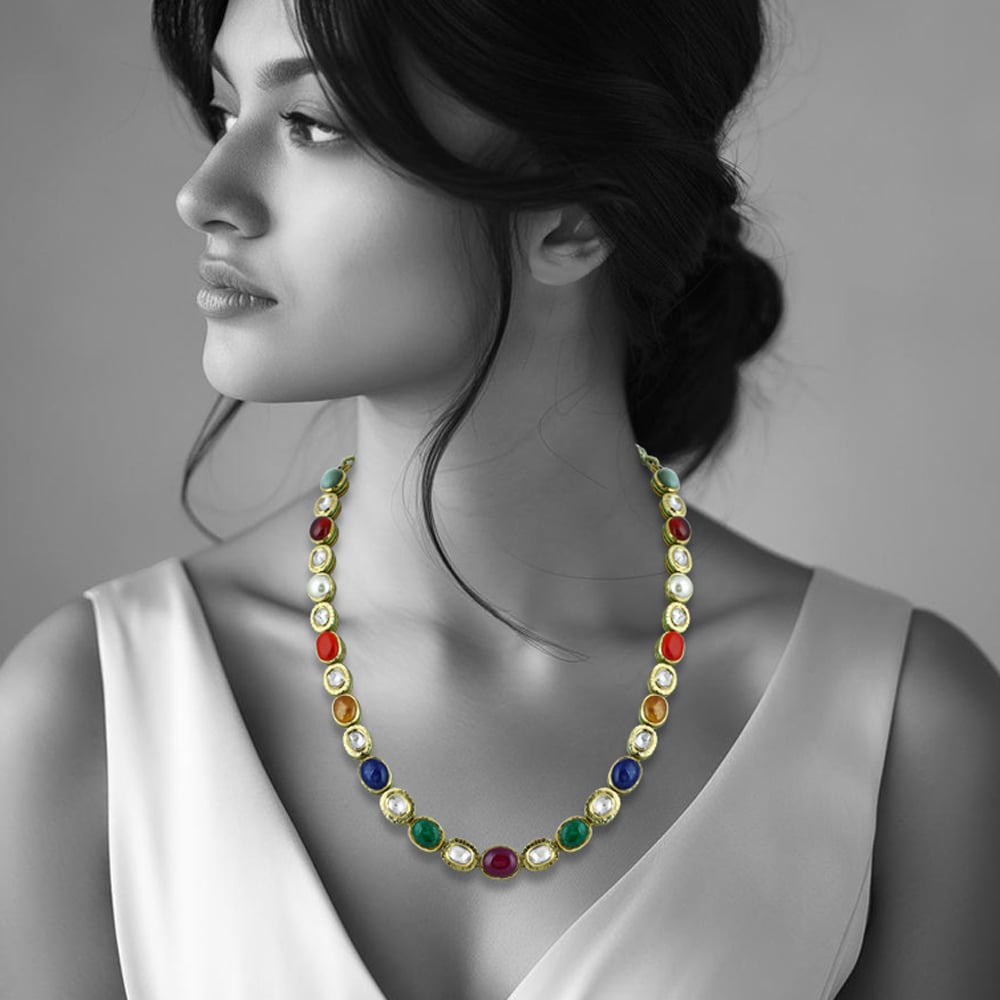 Navaratna Necklace with Polki and Nine Celestial Gemstones