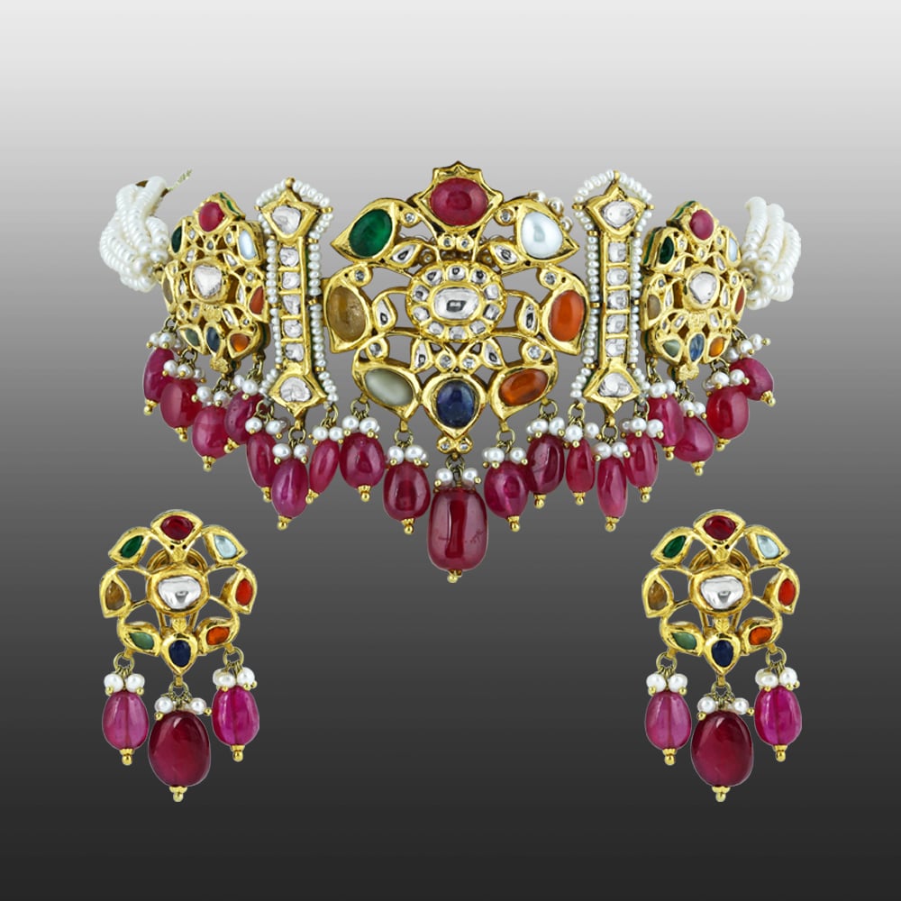Polki Navaratna Choker Set with Ruby Drops and Detachable Kalangi