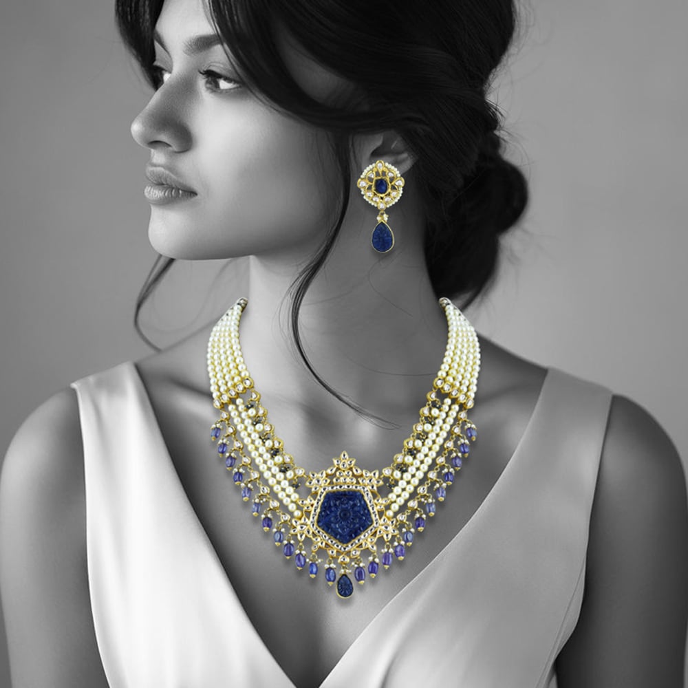 Pearl Strings and Carved Blue Stone Necklace Set with Polki