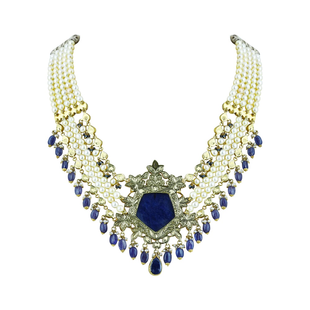 Pearl Strings and Carved Blue Stone Necklace Set with Polki