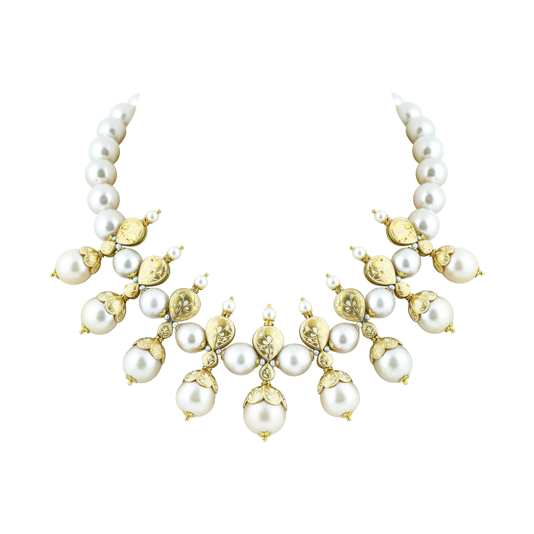 Pearl Necklace Set with Gold Work and Polki Motifs