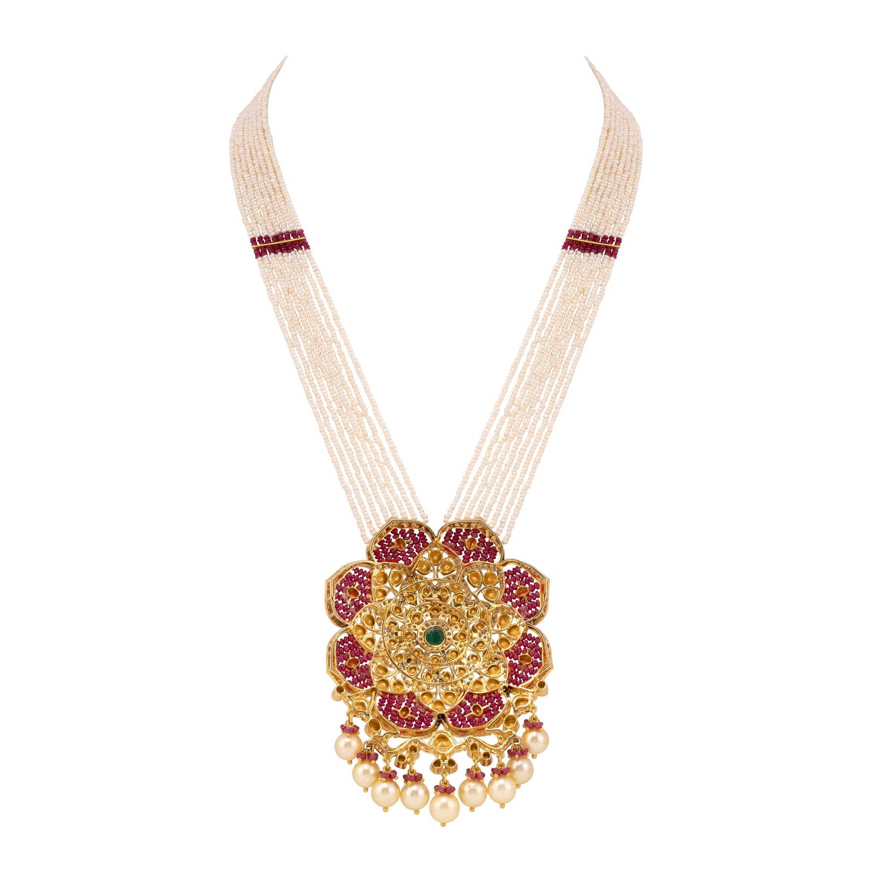 Pearl Strand Necklace with Polki, Ruby, and Emerald Pendant
