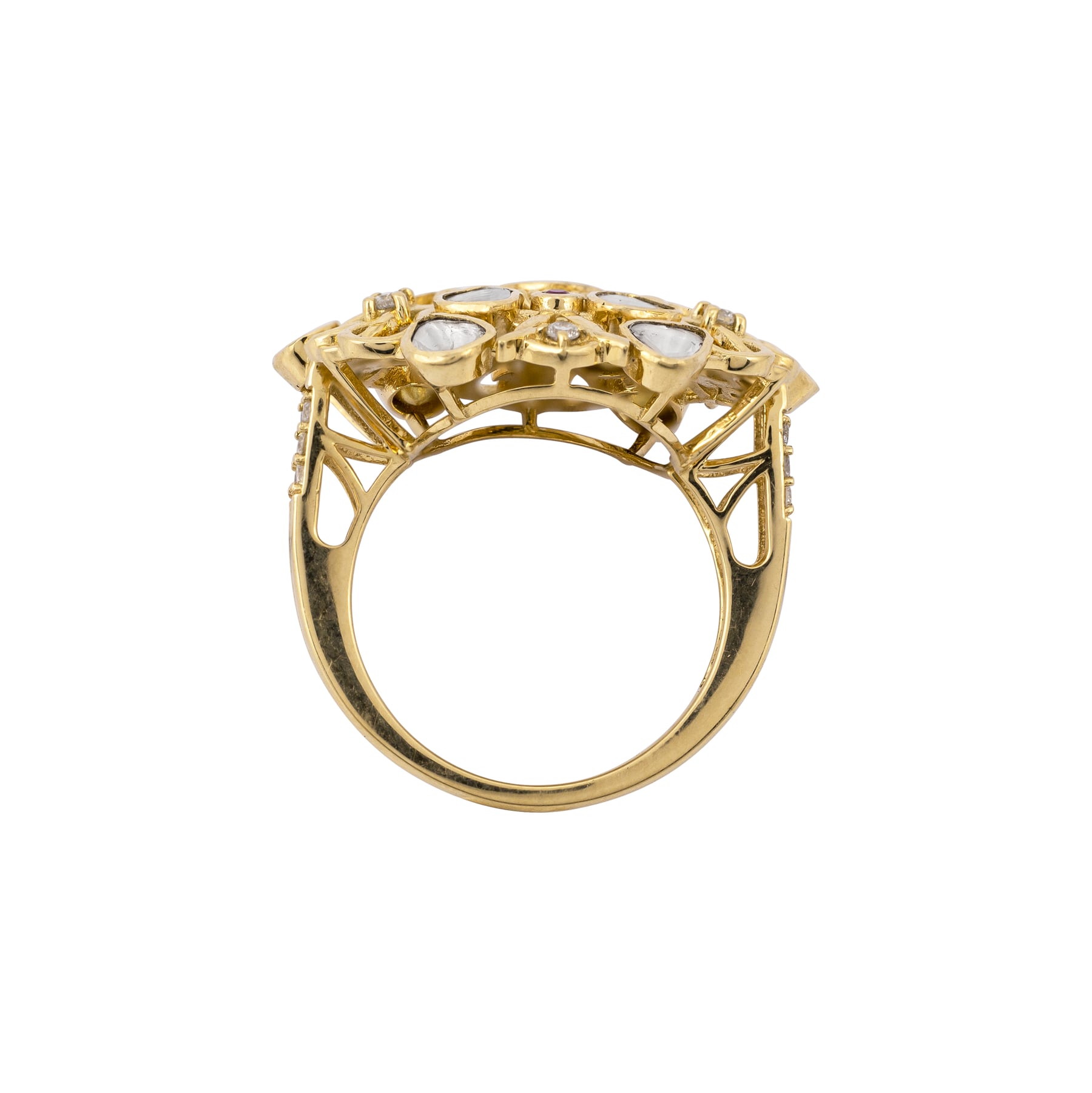 Floral Uncut Diamond Polki Ring with Red Accents
