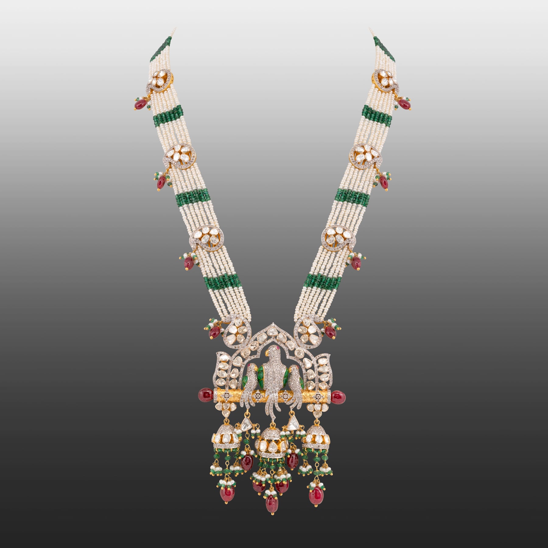Culture Pearls and Emerald Necklace with Bird Motif Pendant