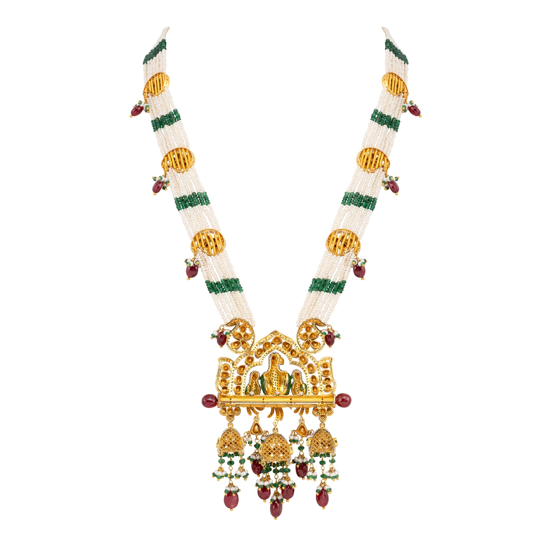 Culture Pearls and Emerald Necklace with Bird Motif Pendant