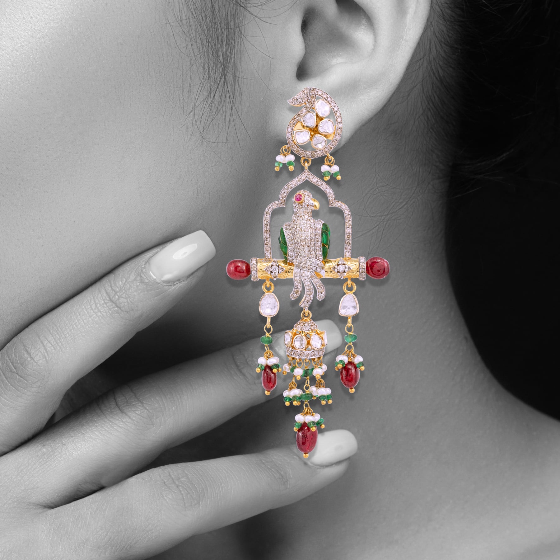 Bird Motif Earrings with Spinel and Emeralds