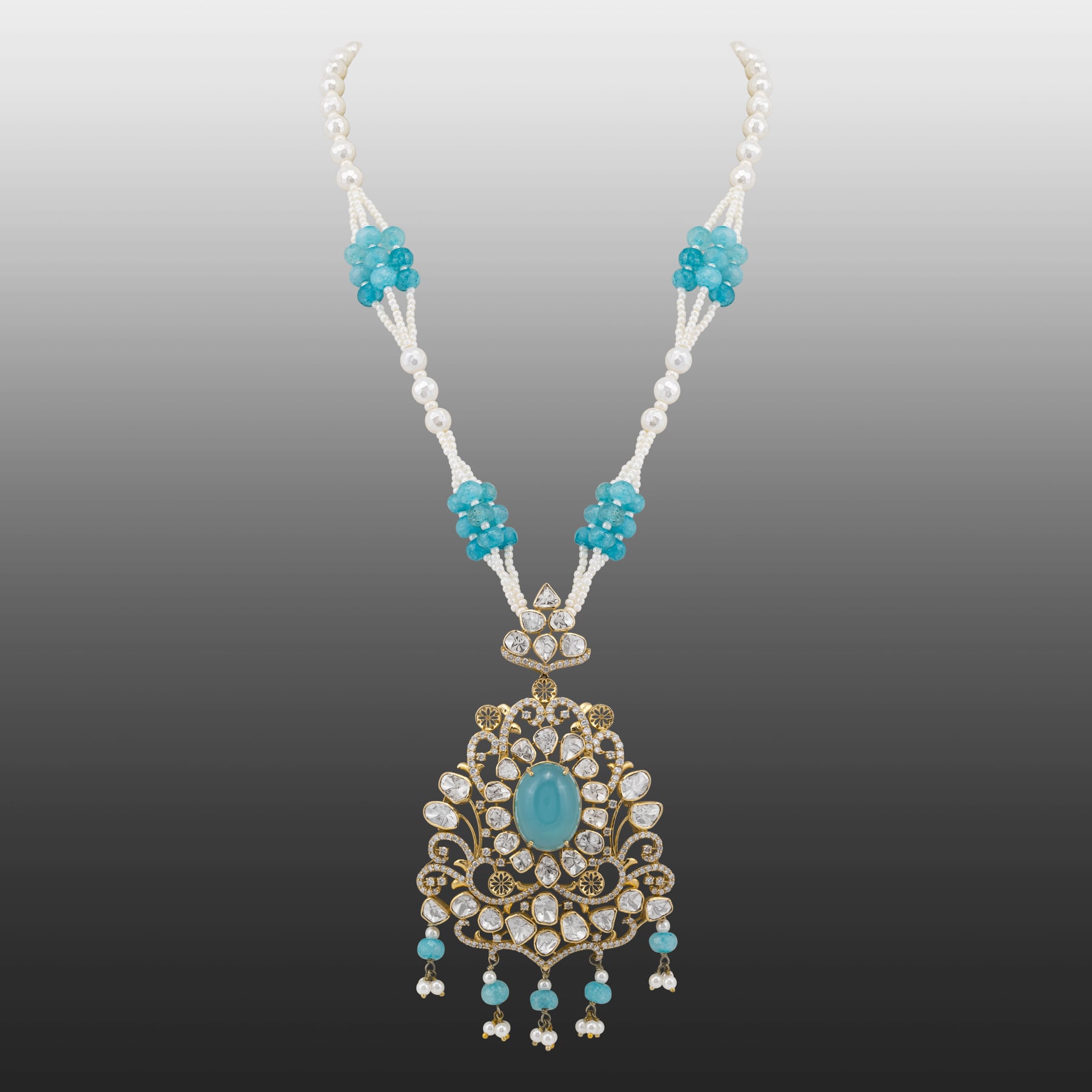 Aqua Pendant Necklace with Pearl and Polki Details