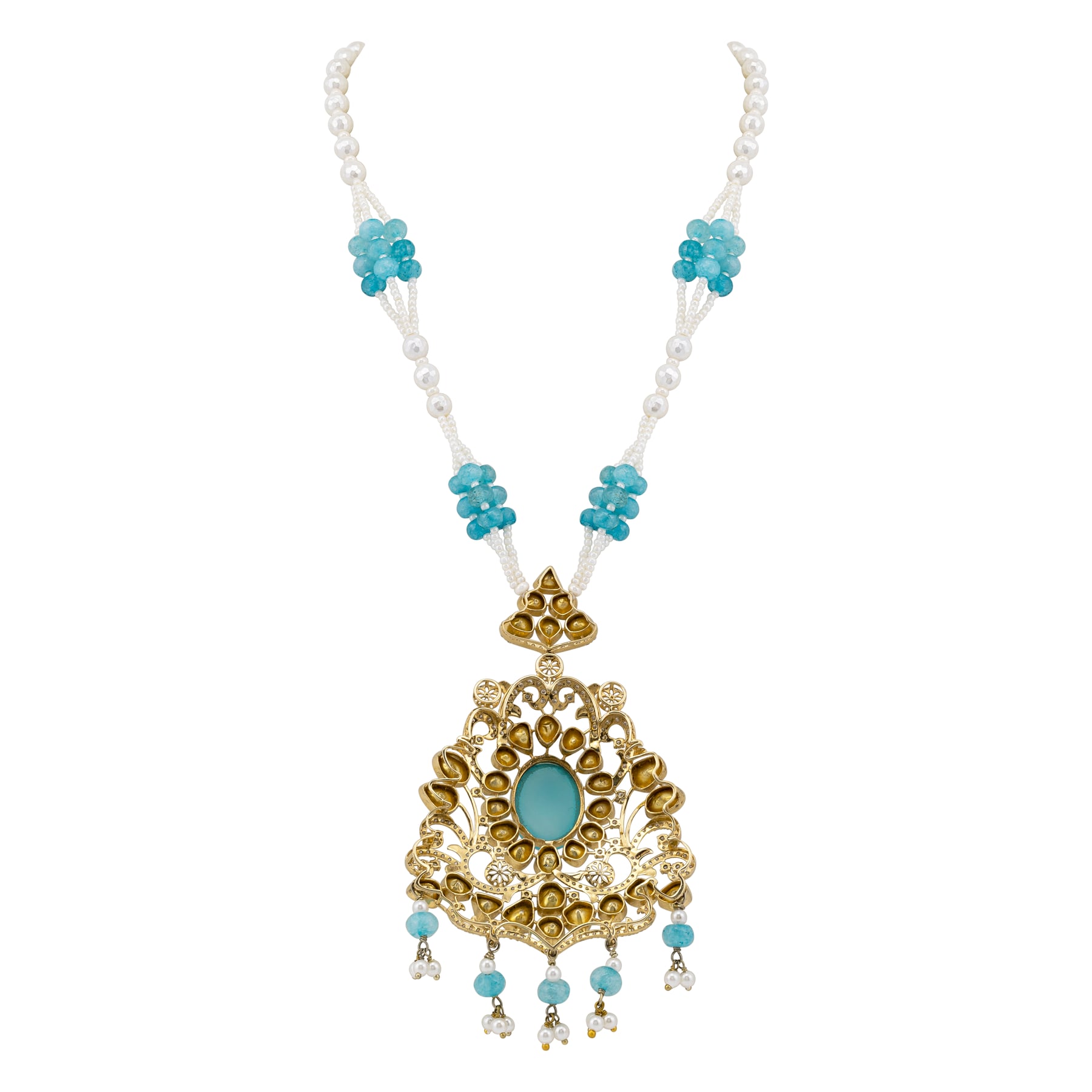 Aqua Pendant Necklace with Pearl and Polki Details