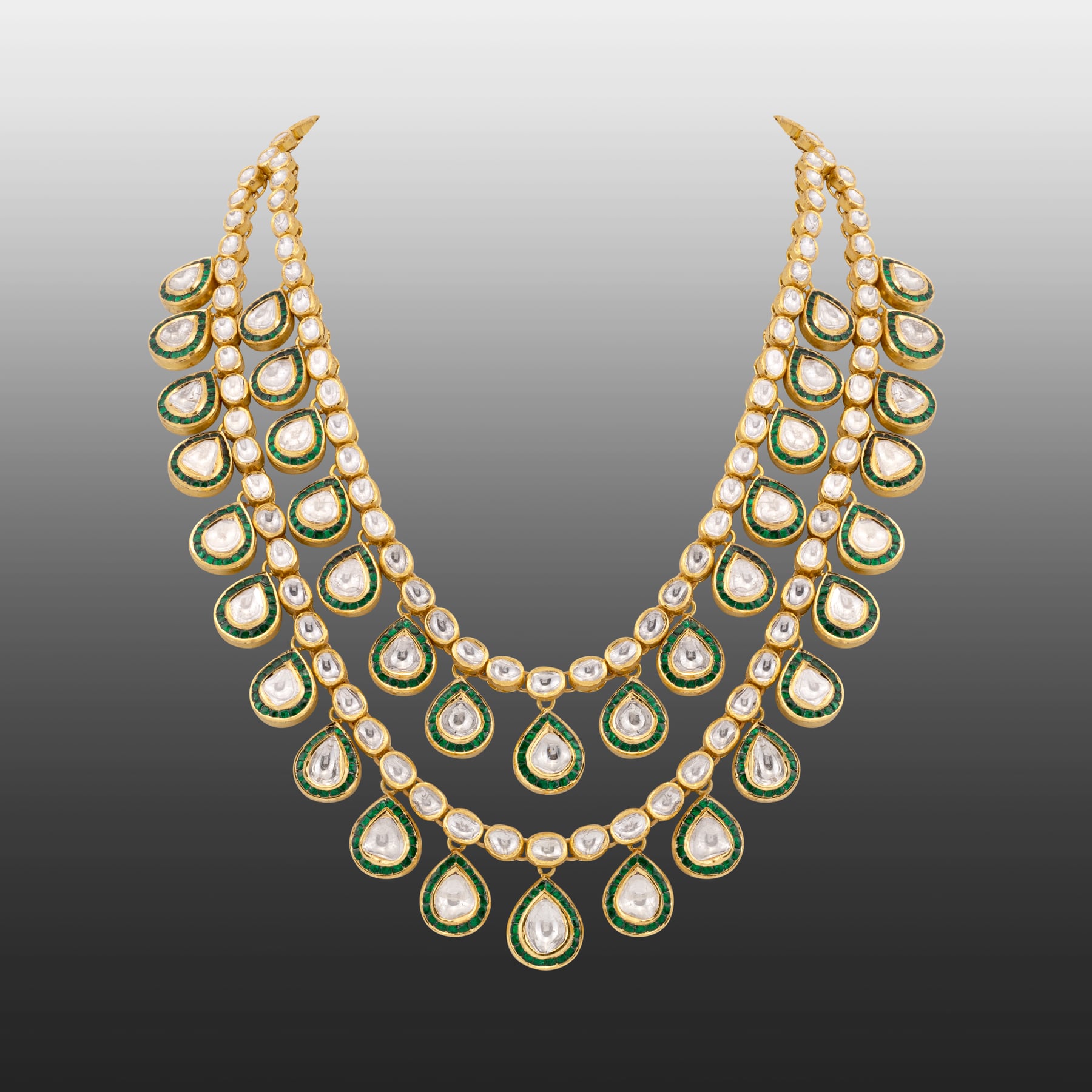 Double-Layered Uncut Diamond Polki Necklace with Green Enamel Border