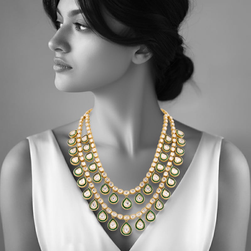 Double-Layered Uncut Diamond Polki Necklace with Green Enamel Border