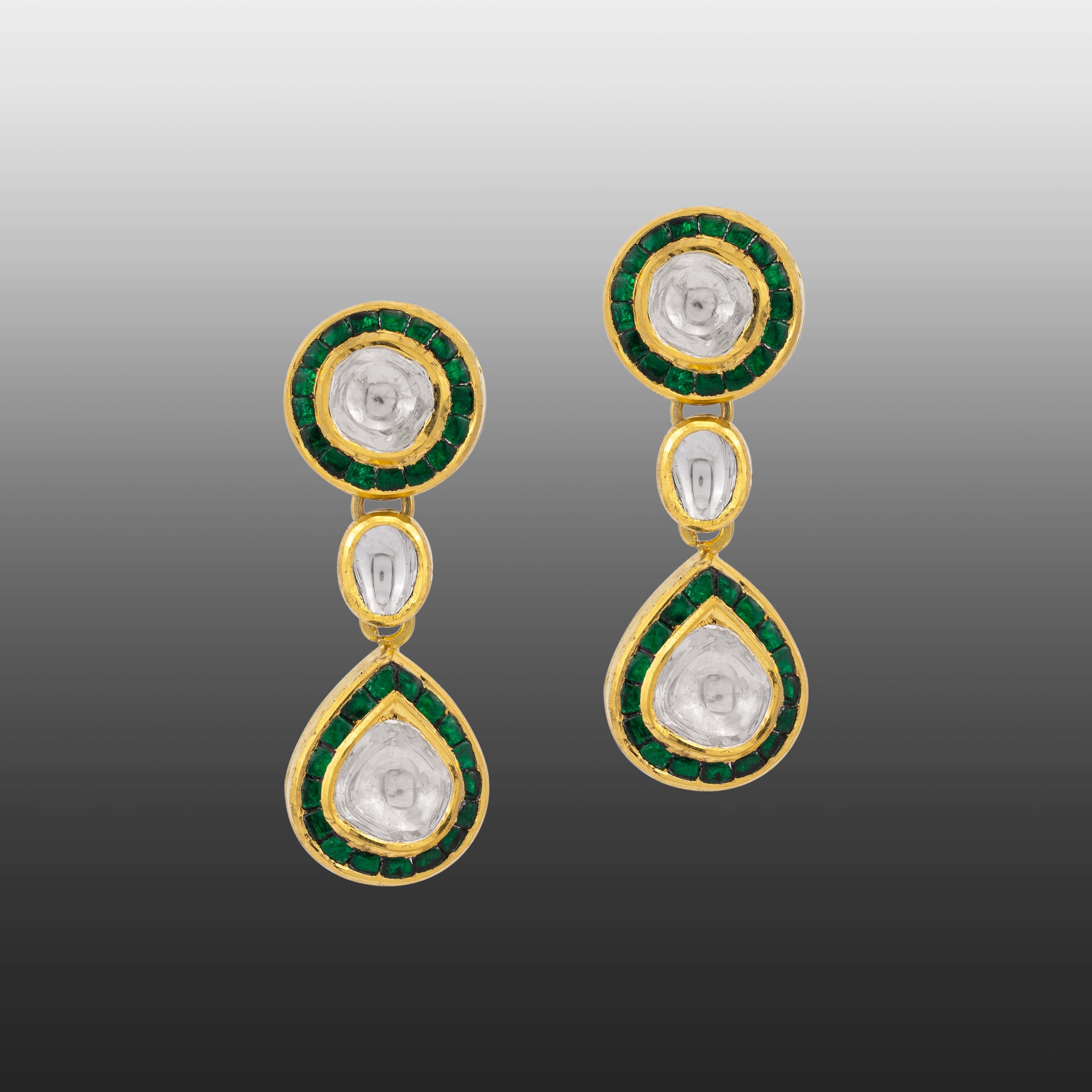 Polki Drop Earrings with Green Enamel Border