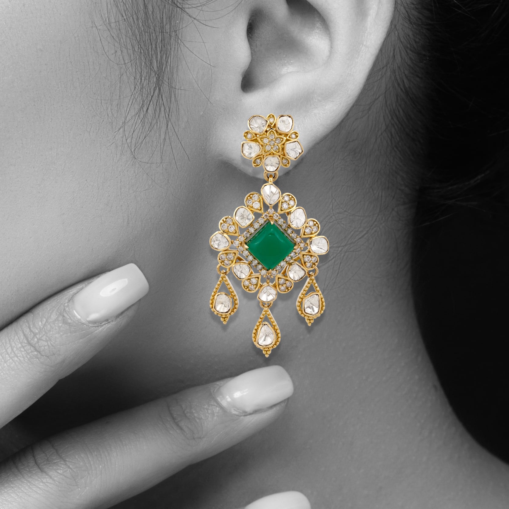 Polki Drop Earrings with Emerald Colour Center Stone