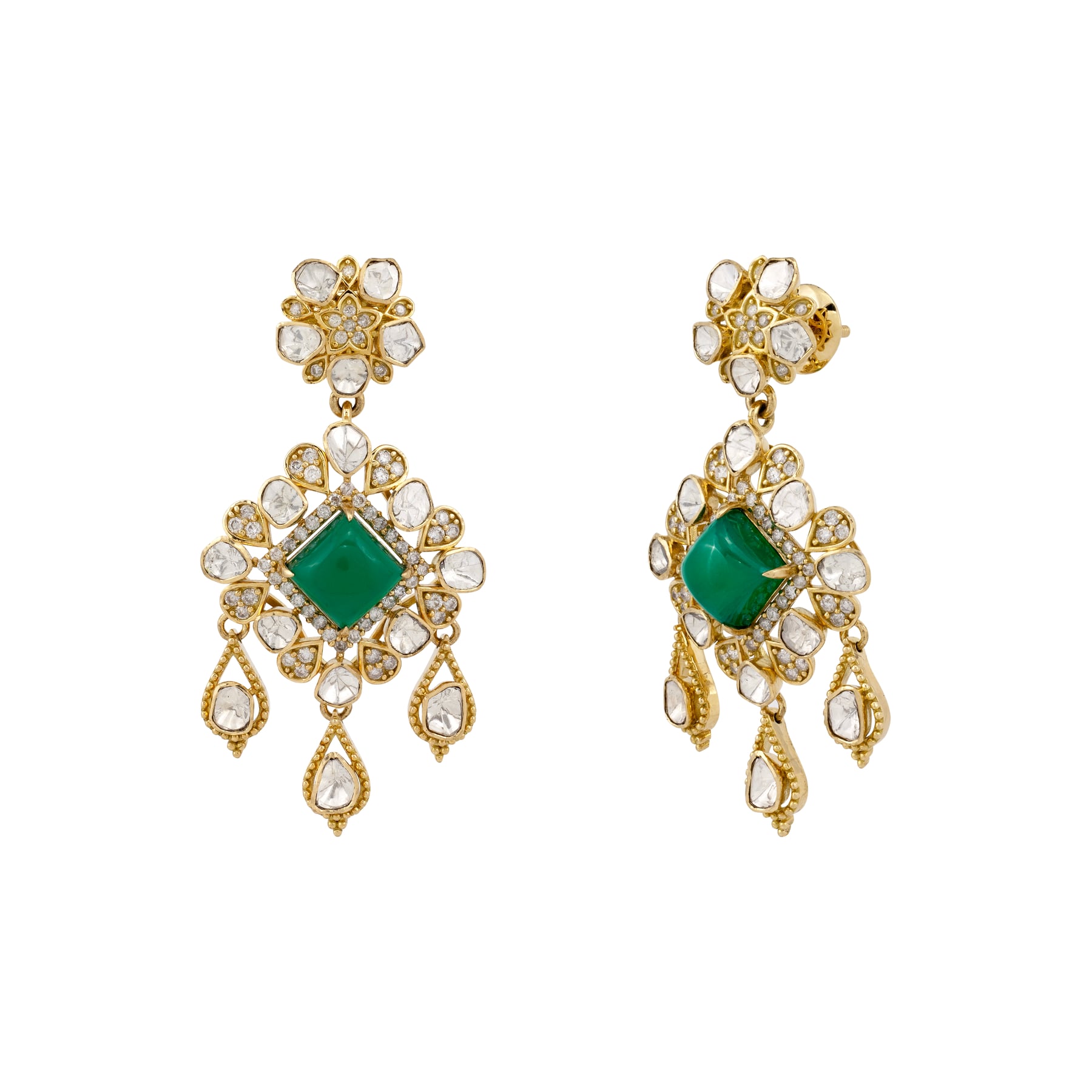 Polki Drop Earrings with Emerald Colour Center Stone