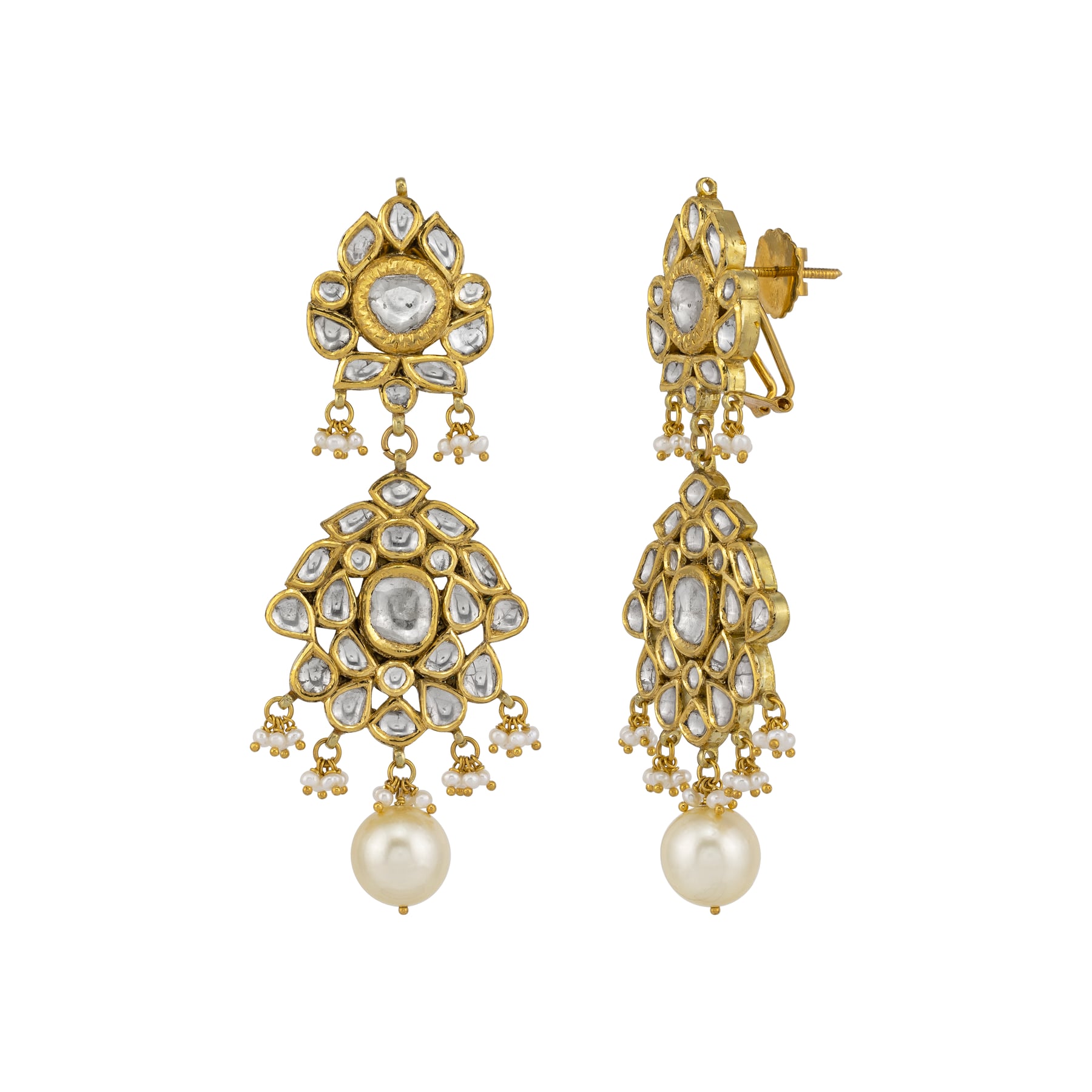 Elegant Polki Earrings with Pearl Drops