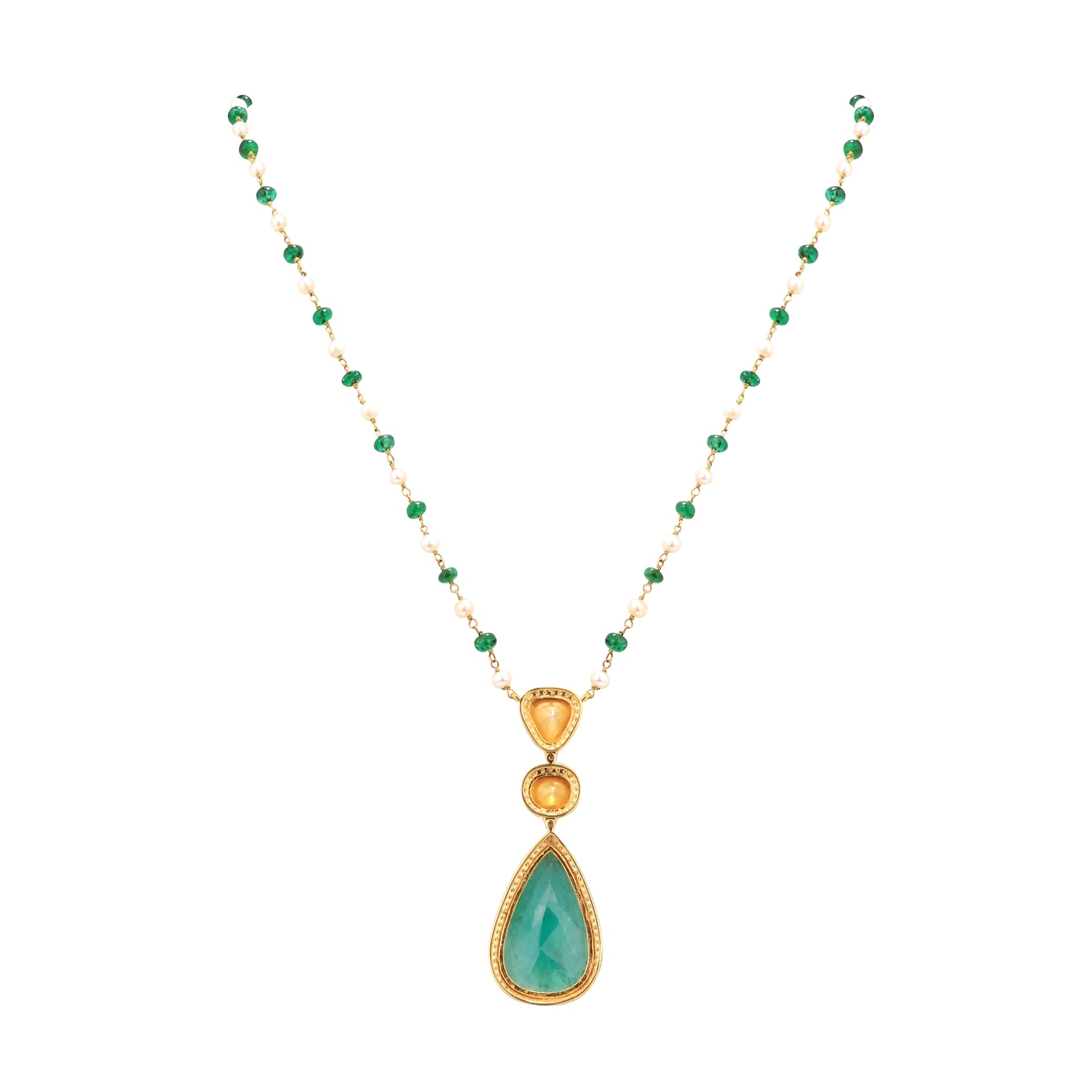Emerald and Pearl Beaded Necklace with Zambian Pendant Set