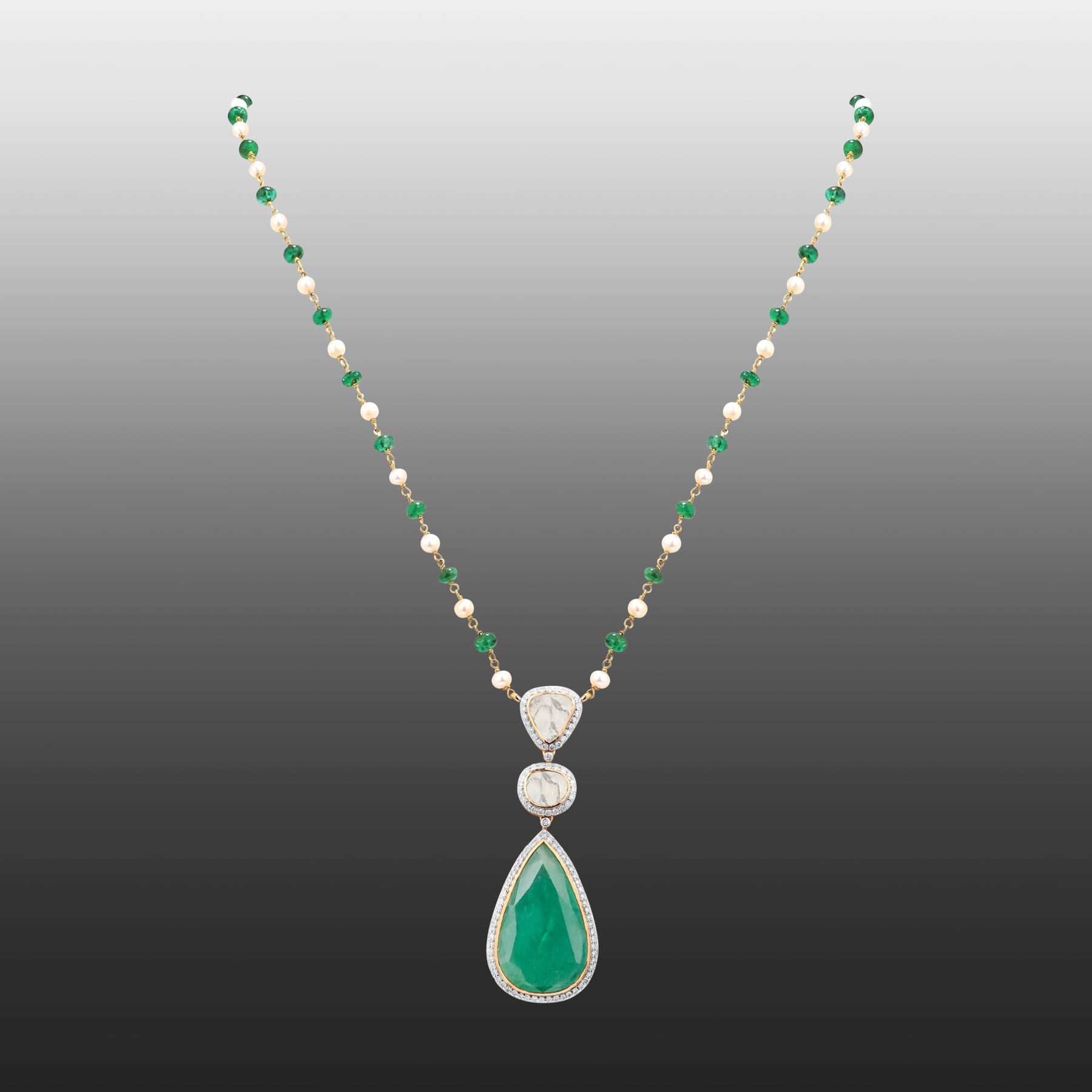 Emerald and Pearl Beaded Necklace with Zambian Pendant Set