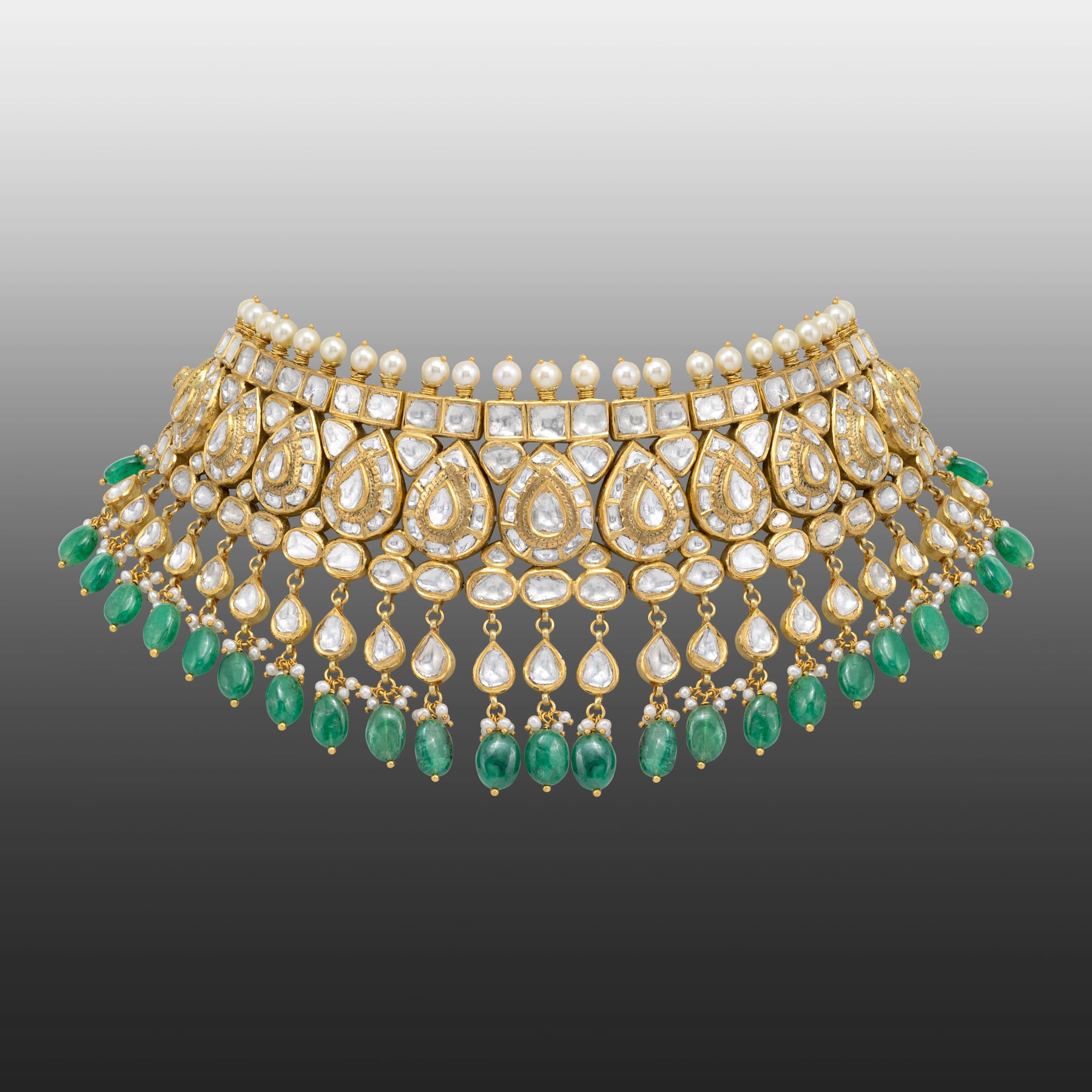 Bridal Pear Polki Choker with Emerald Maniya and Pearl Fungar