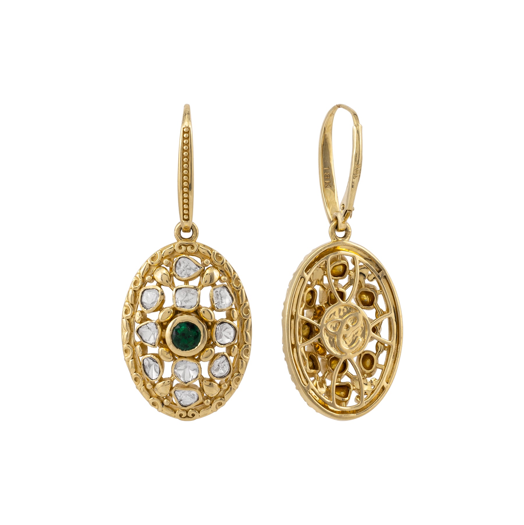 Mini Hoop Polki Oval Earrings with Central Emerald