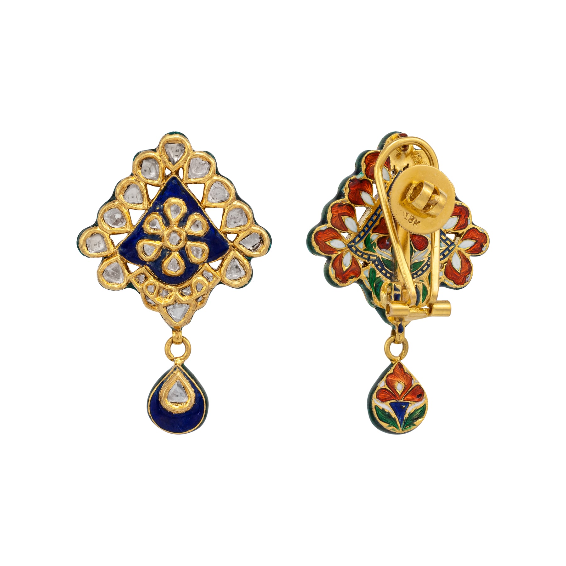 Blue Enamel Polki Drop Earring with Floral Jadau