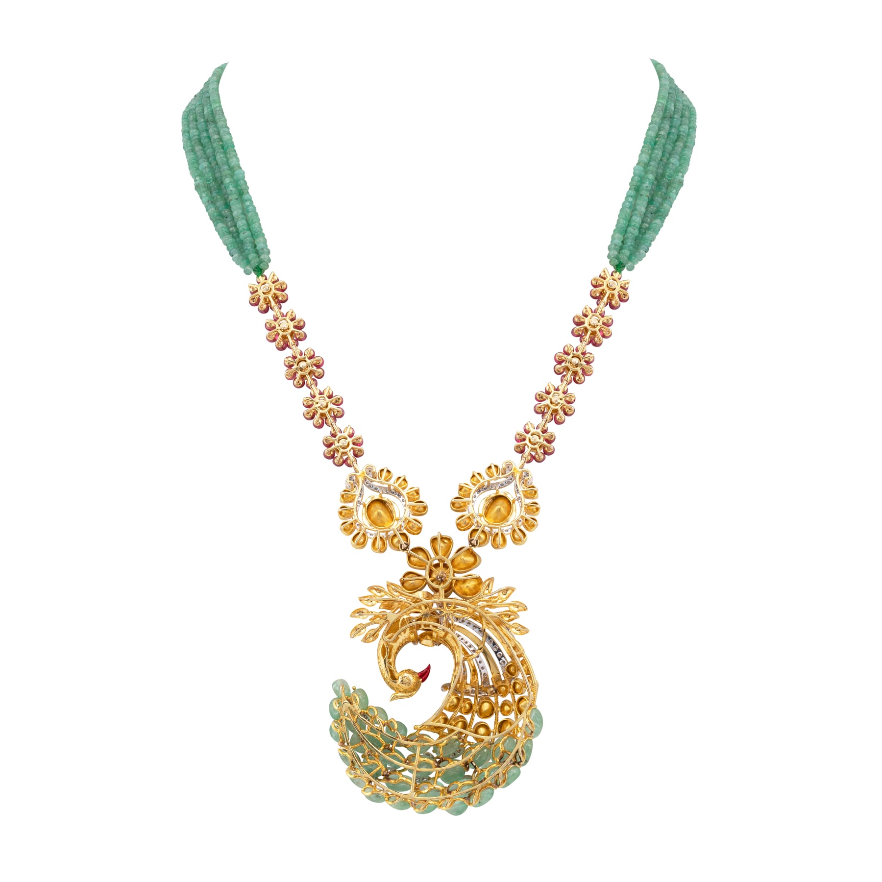 Ruby and Emerald Peacock Pendant Necklace
