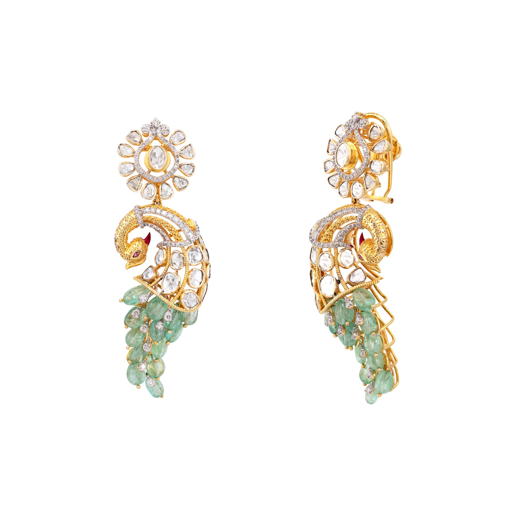 Emerald Feather Polki Peacock Drop Earrings