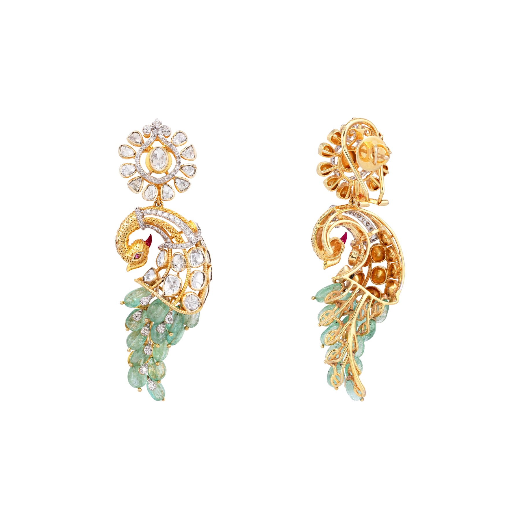 Emerald Feather Polki Peacock Drop Earrings