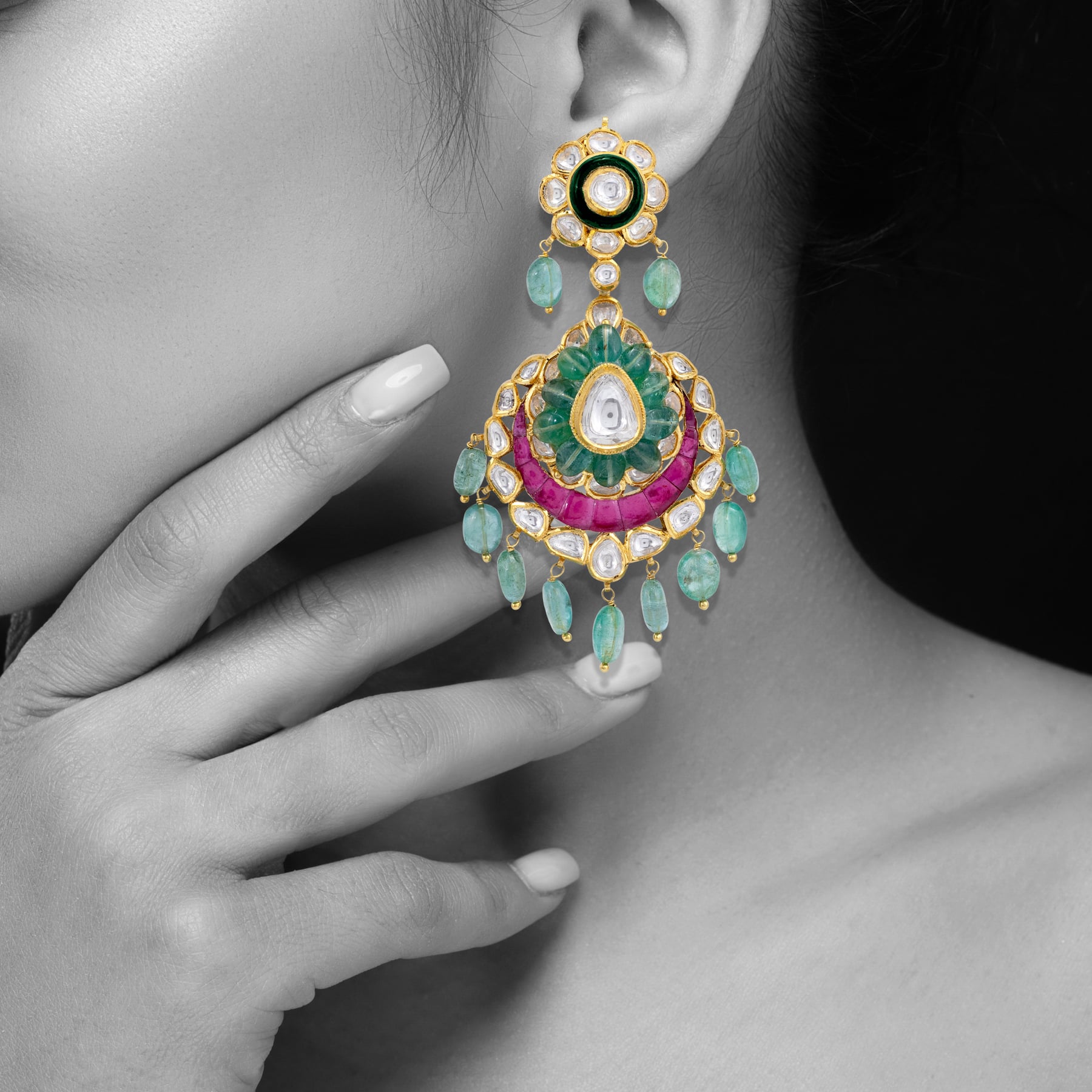 Two-Layer Polki Bridal Set with Ruby Talaf & Emerald Drops
