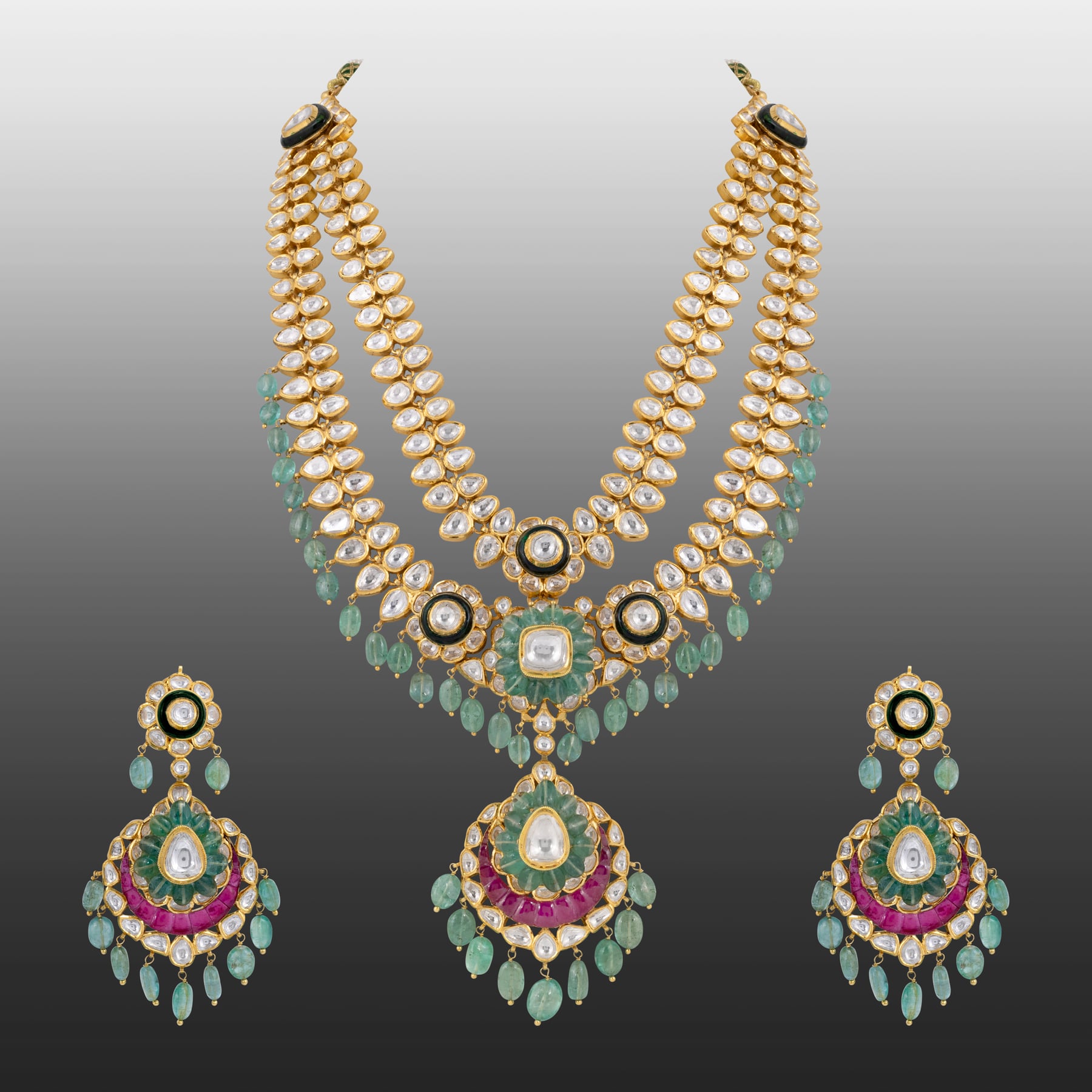 Two-Layer Polki Bridal Set with Ruby Talaf & Emerald Drops