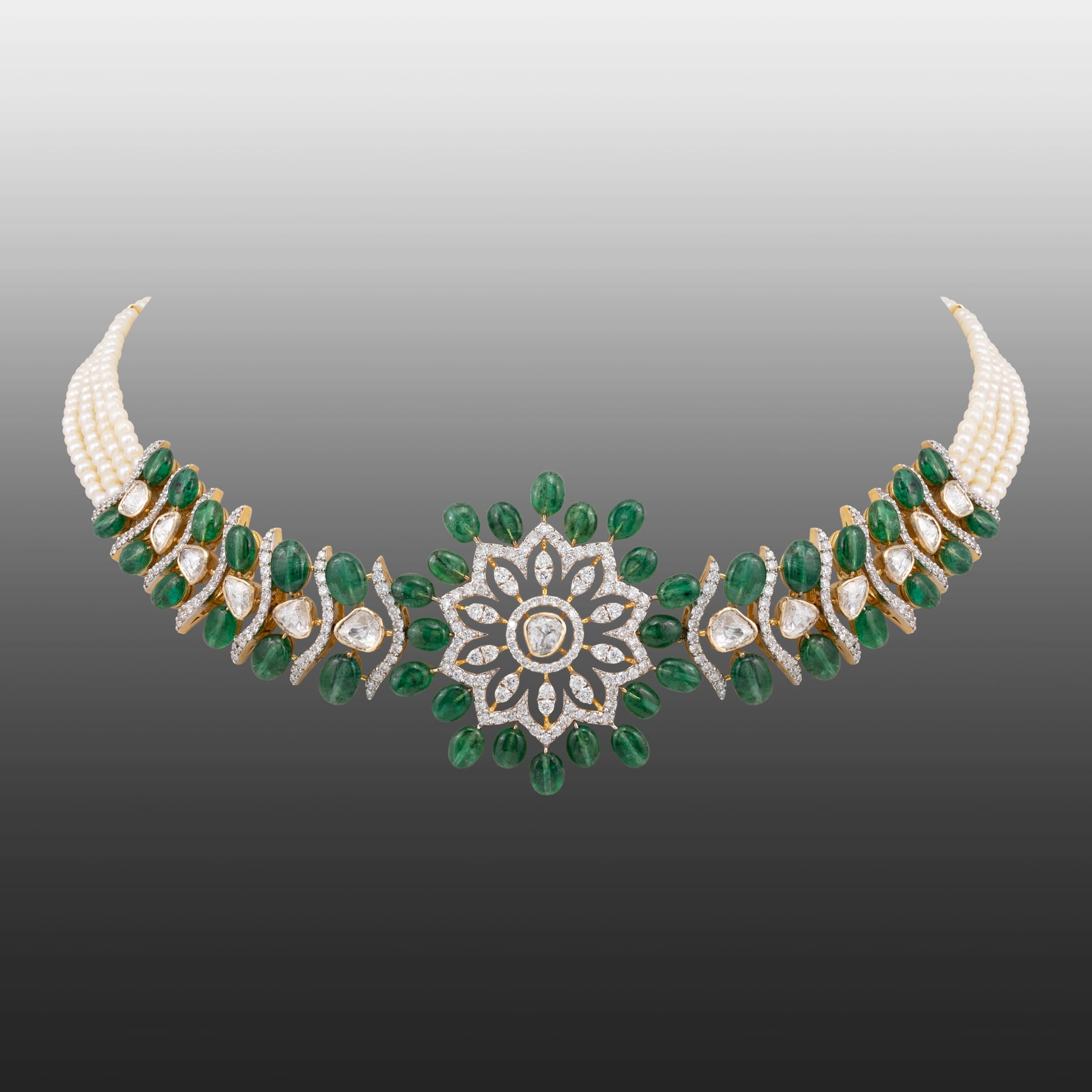 Floral Diamond Choker with Emerald Beads and Pearl Strands