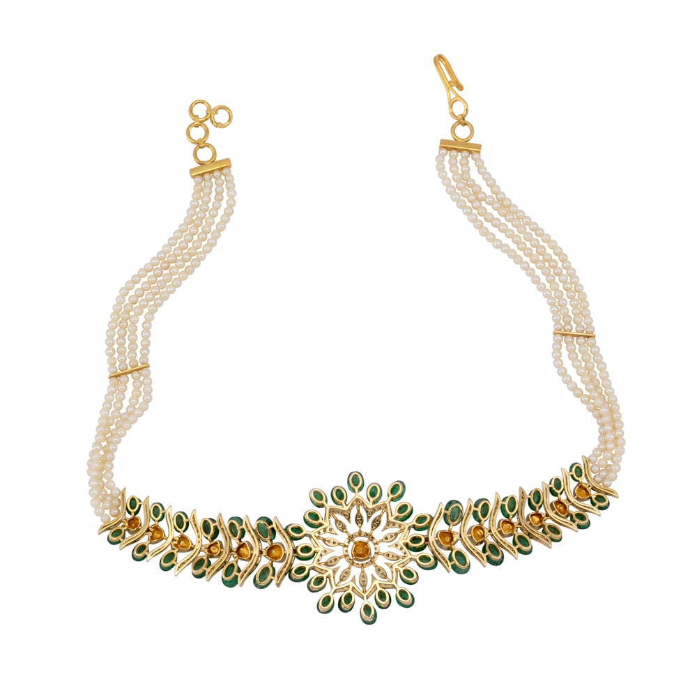 Floral Diamond Choker with Emerald Beads and Pearl Strands