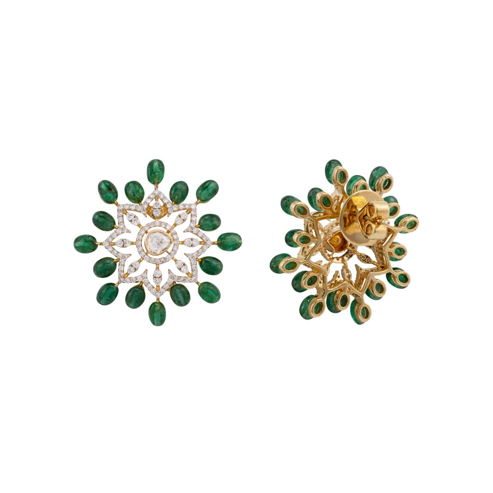Floral Diamond Studs with Emerald Bead Accents